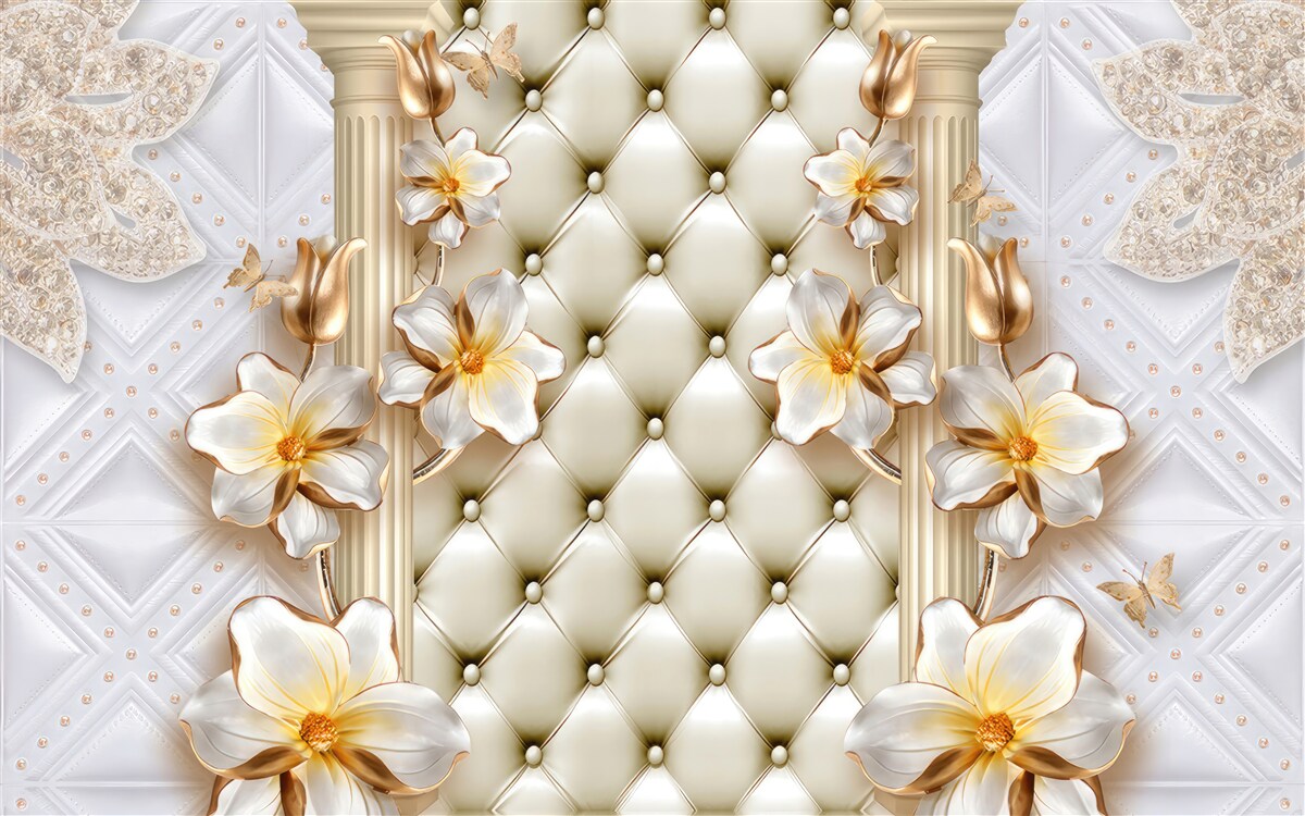 Фотошпалери стіна, прикрашена стьобаними елементами у квіткових кольорах