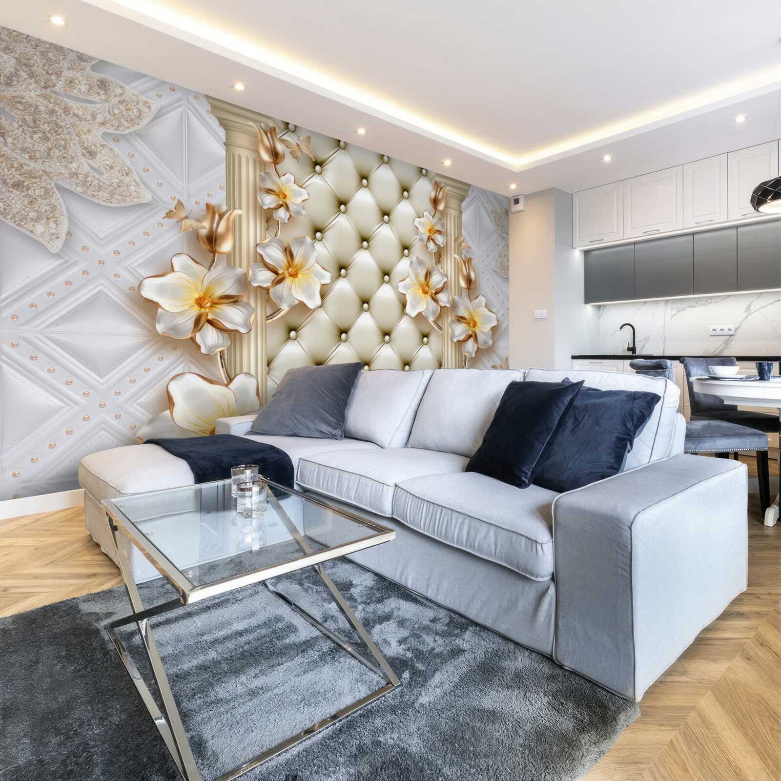 Фотошпалери стіна, прикрашена стьобаними елементами у квіткових кольорах