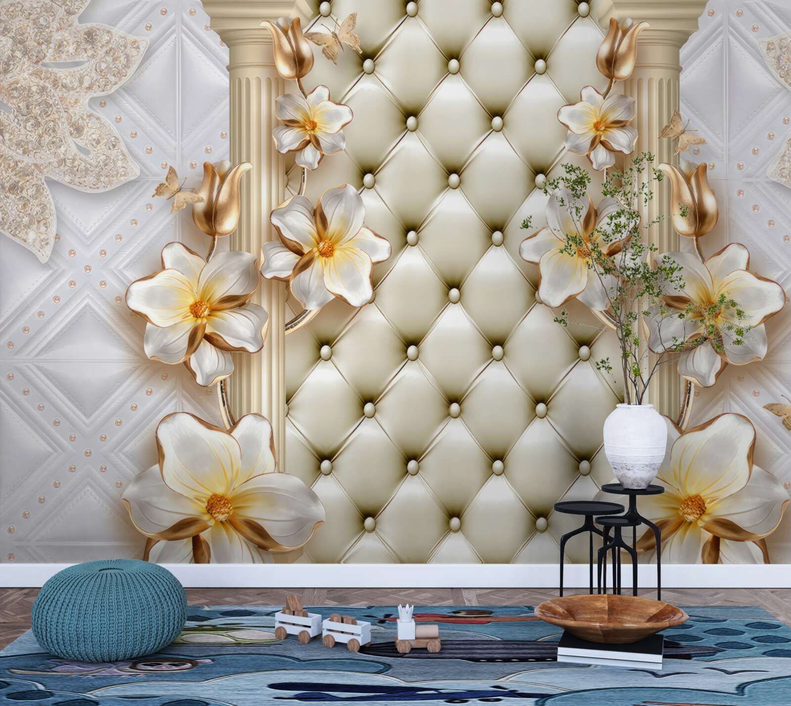 Фотошпалери стіна, прикрашена стьобаними елементами у квіткових кольорах