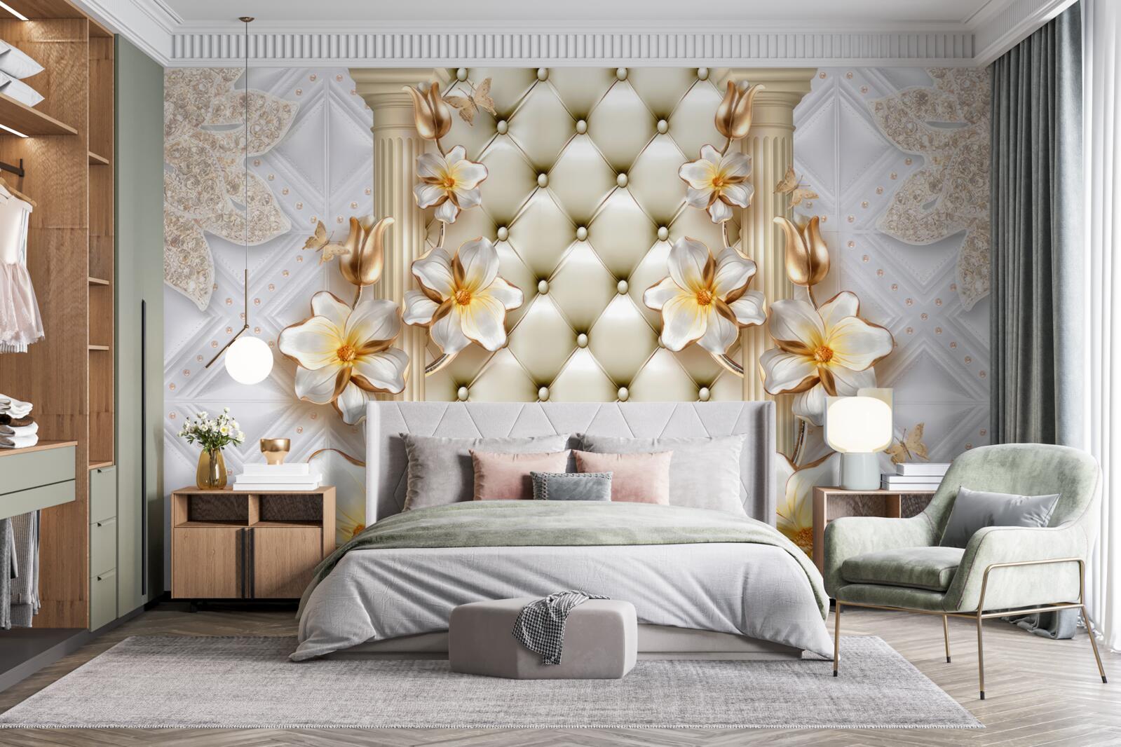 Фотошпалери стіна, прикрашена стьобаними елементами у квіткових кольорах