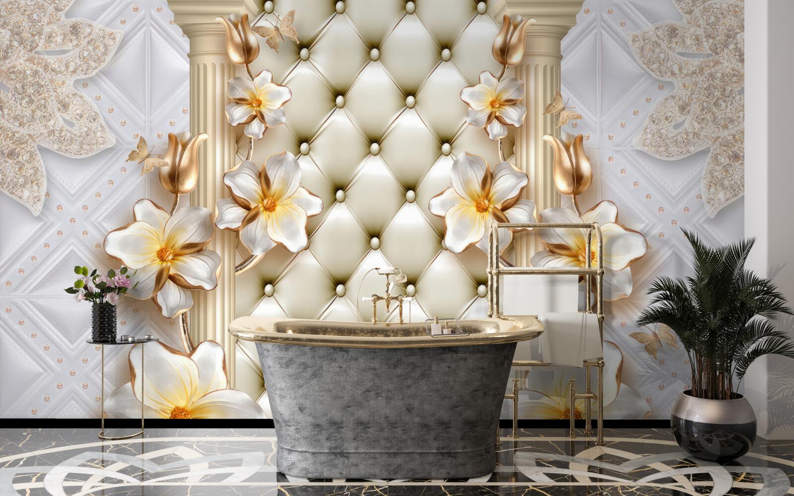 Фотошпалери стіна, прикрашена стьобаними елементами у квіткових кольорах