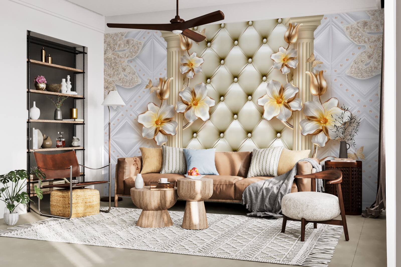 Фотошпалери стіна, прикрашена стьобаними елементами у квіткових кольорах