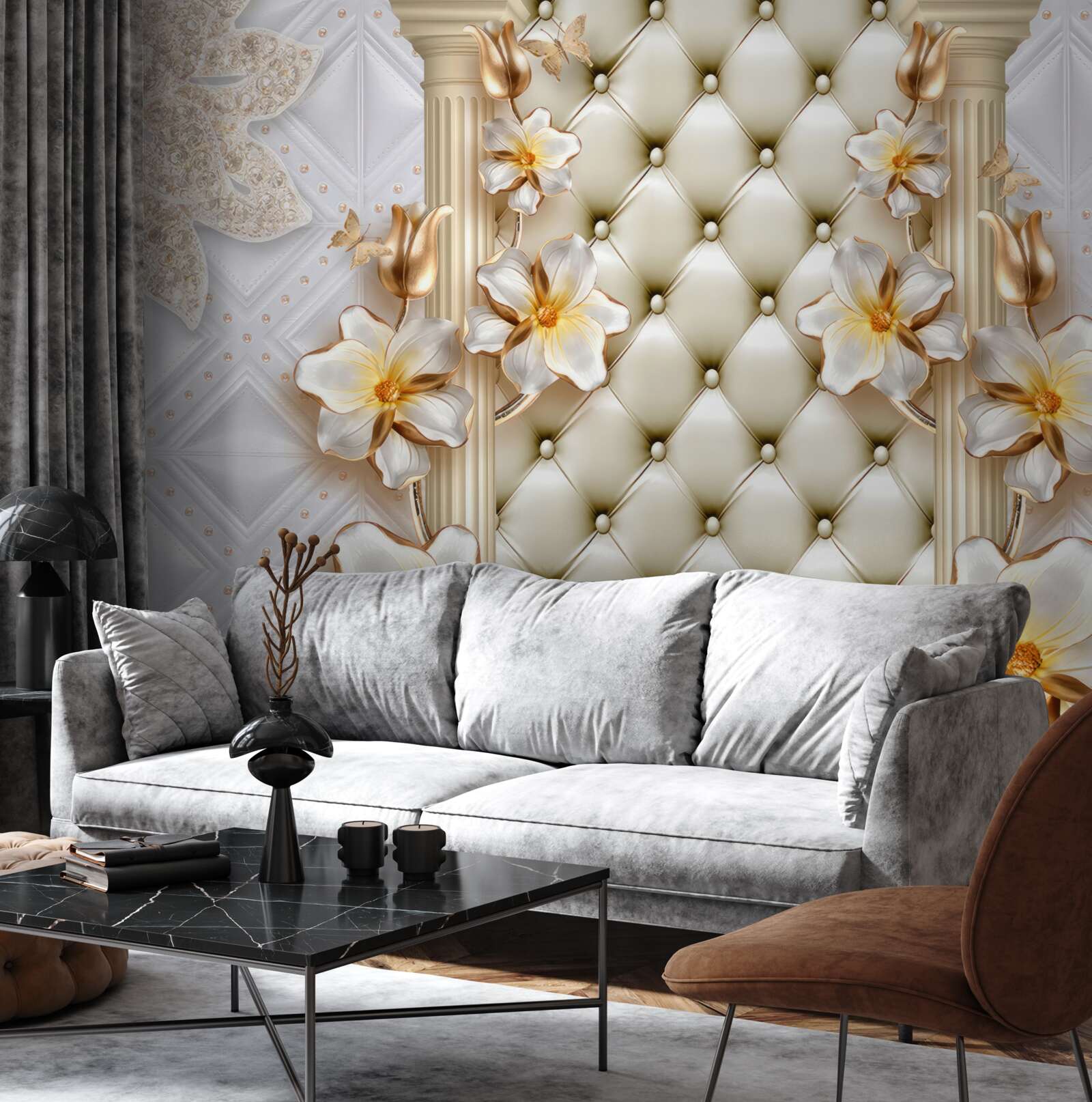 Фотошпалери стіна, прикрашена стьобаними елементами у квіткових кольорах