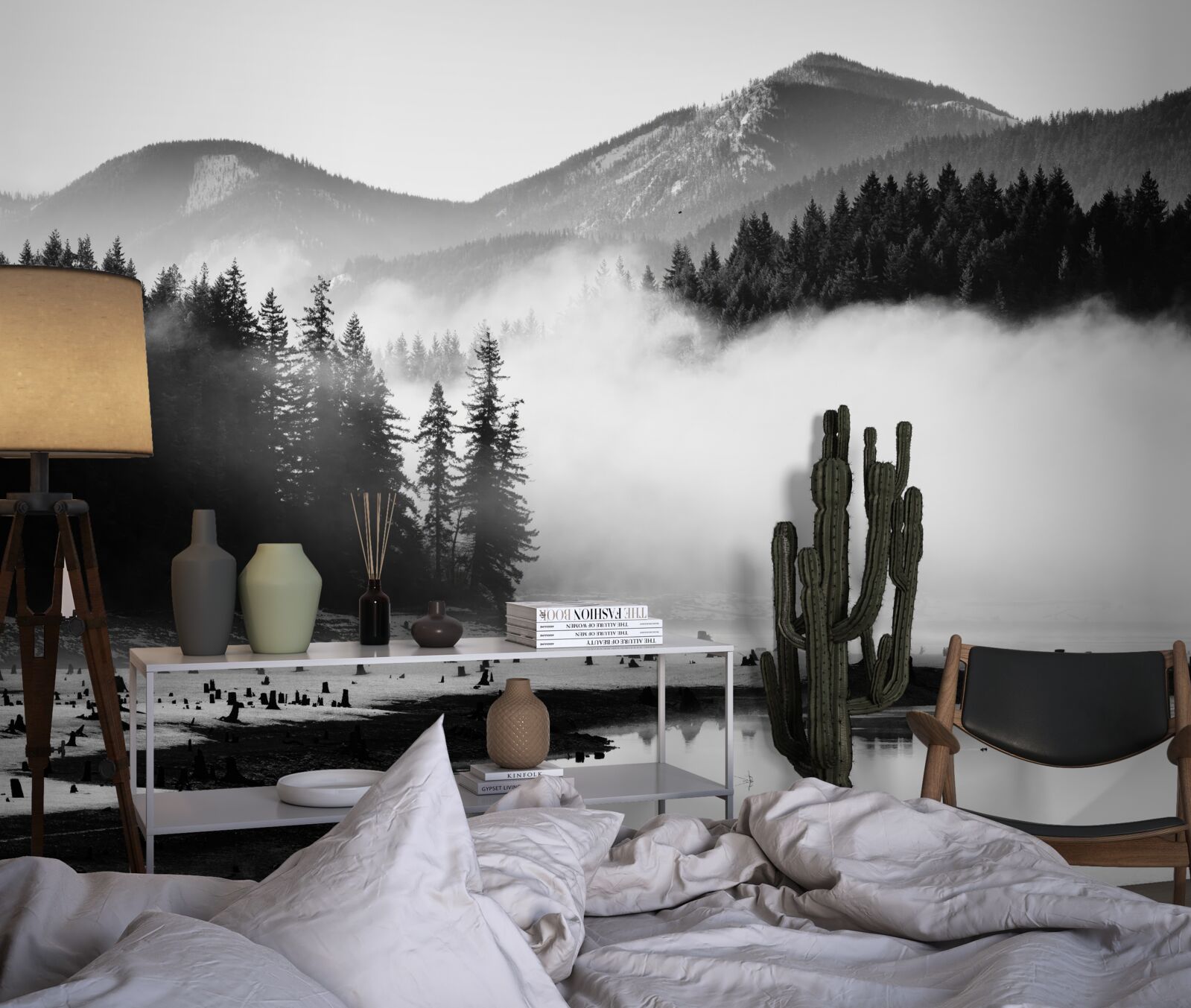 Фотошпалери снігові вершини, затягнуті туманом