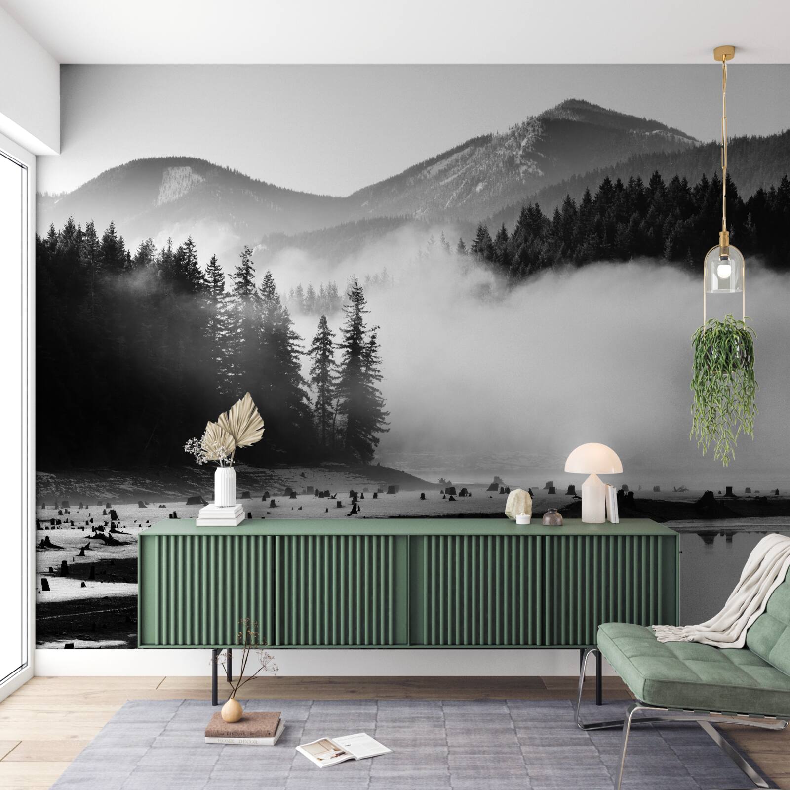 Фотошпалери снігові вершини, затягнуті туманом