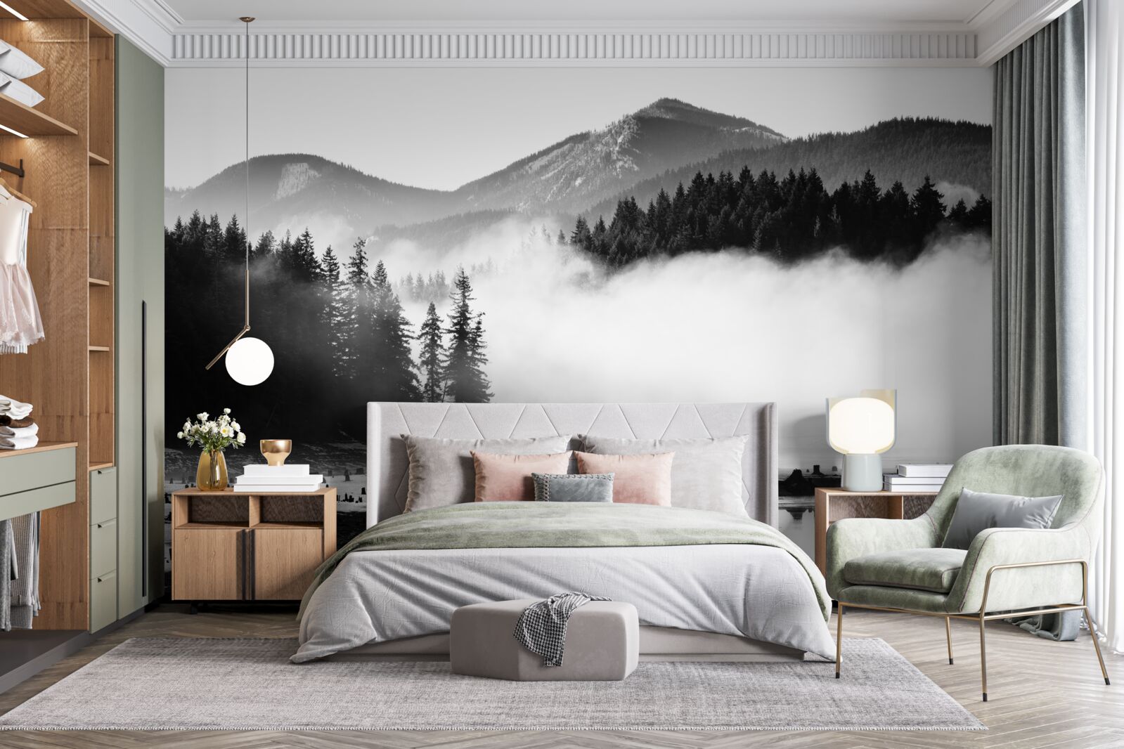 Фотошпалери снігові вершини, затягнуті туманом