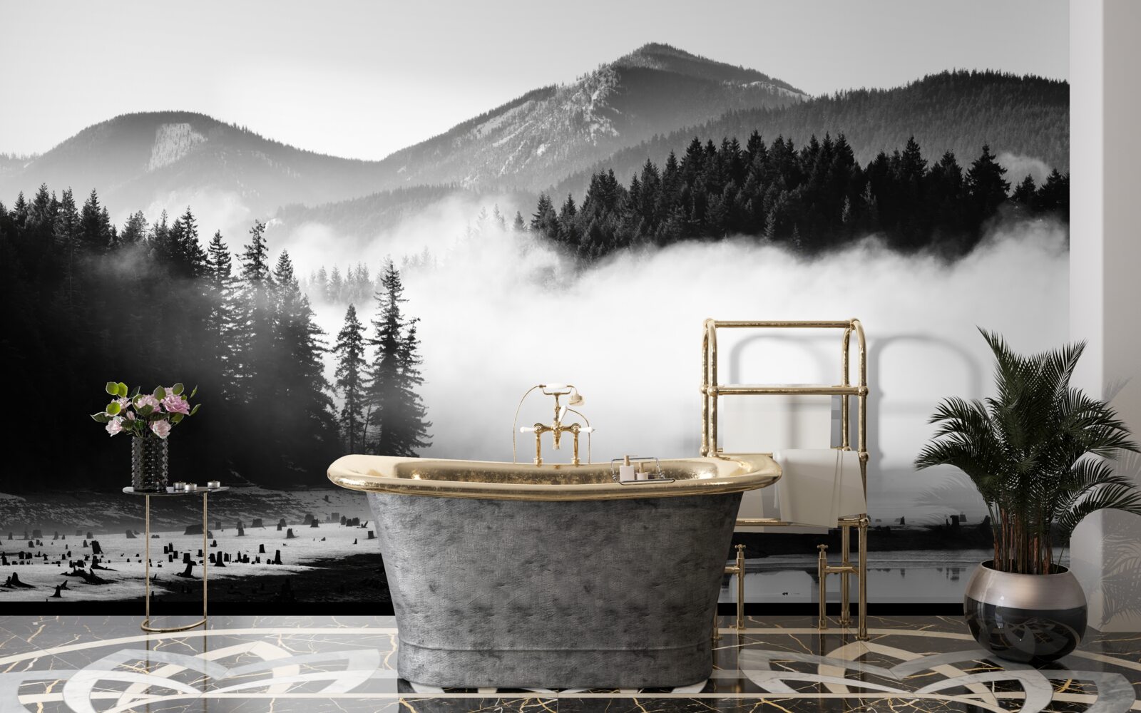 Фотошпалери снігові вершини, затягнуті туманом