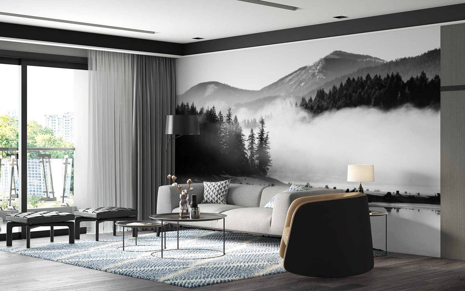 Фотошпалери снігові вершини, затягнуті туманом