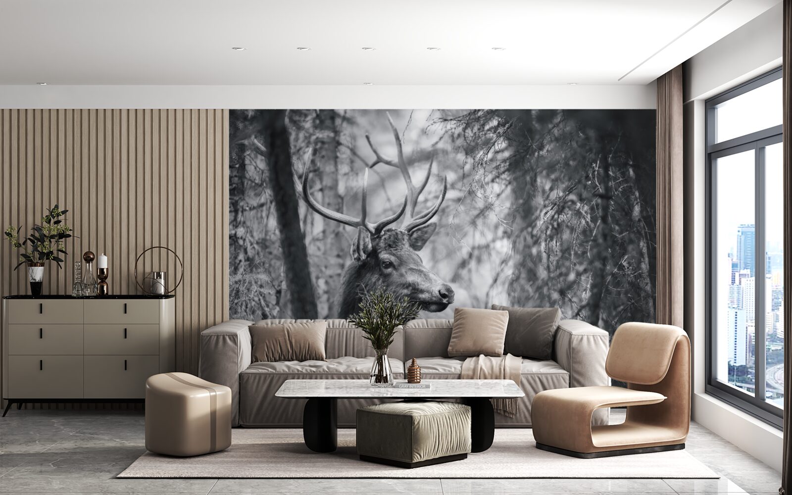 Фотошпалери лісовий олень з рогами утворює стежку