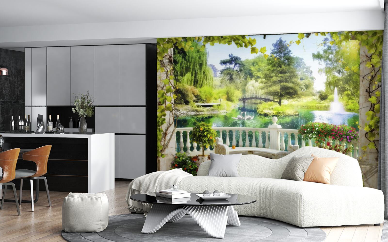 Фотошпалери вікно з видом на водоспад і плаваючих лебедів