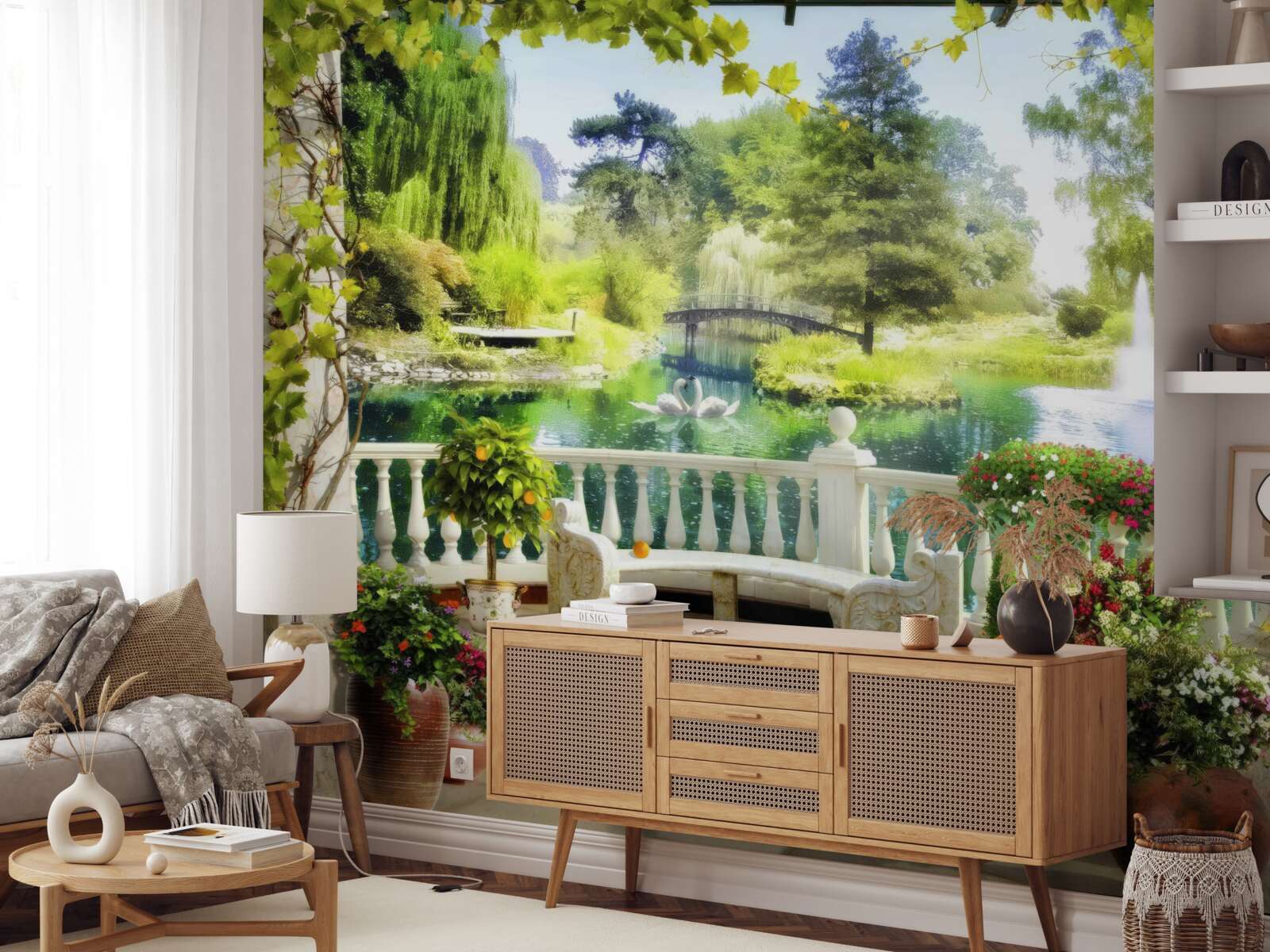 Фотошпалери вікно з видом на водоспад і плаваючих лебедів