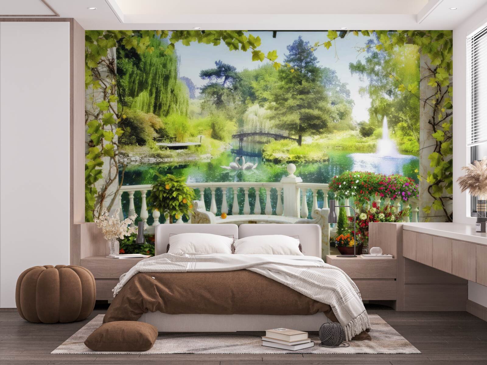 Фотошпалери вікно з видом на водоспад і плаваючих лебедів