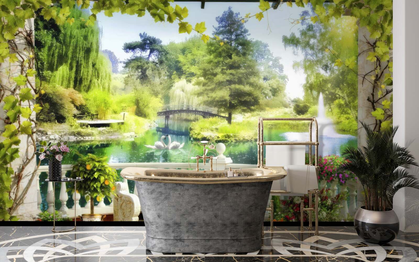 Фотошпалери вікно з видом на водоспад і плаваючих лебедів