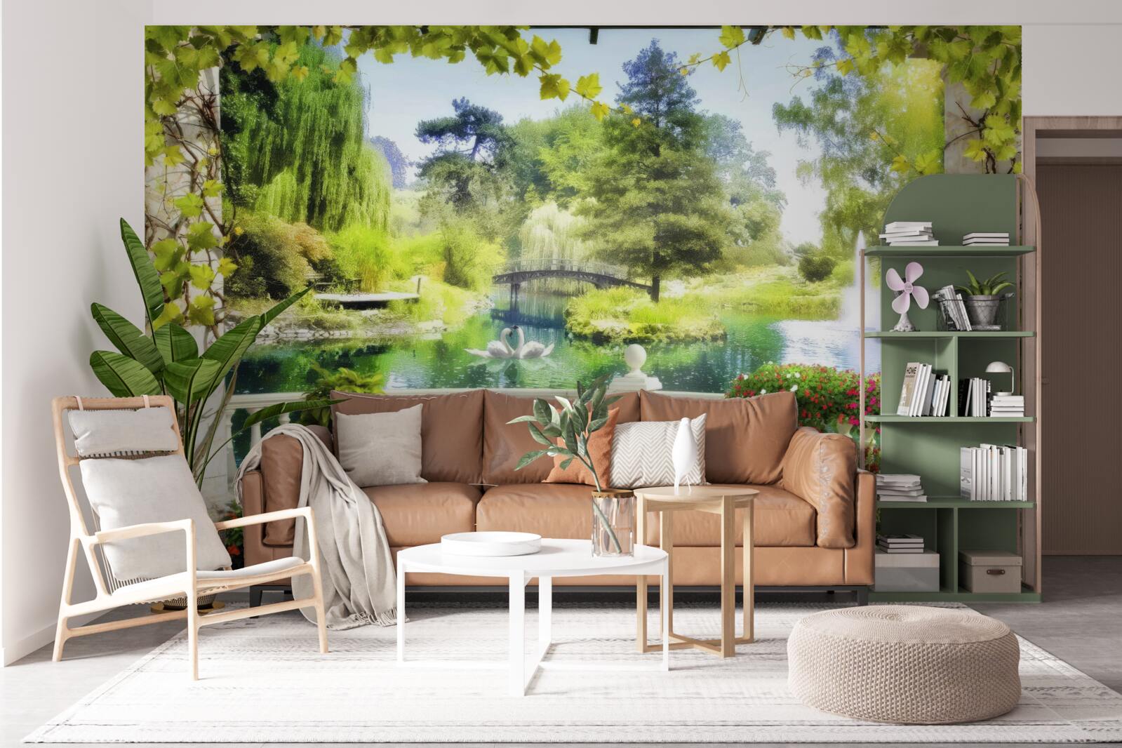 Фотошпалери вікно з видом на водоспад і плаваючих лебедів