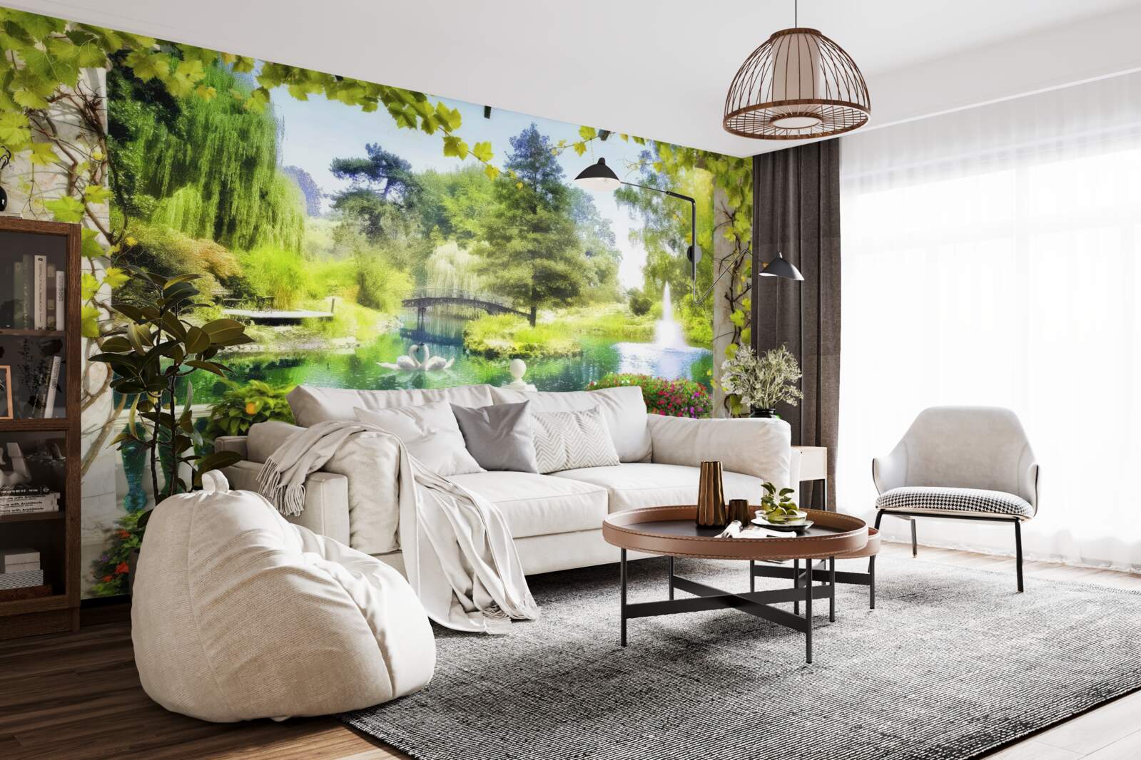 Фотошпалери вікно з видом на водоспад і плаваючих лебедів