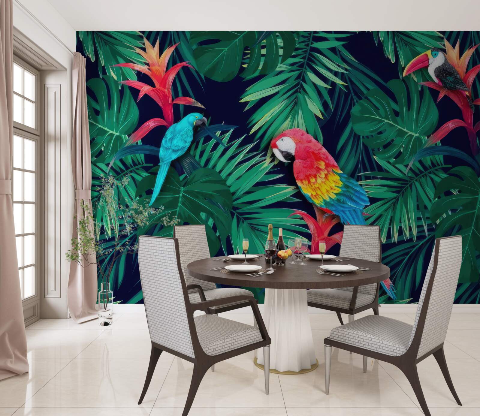 Фотошпалери папуги на великому смарагдовому листі