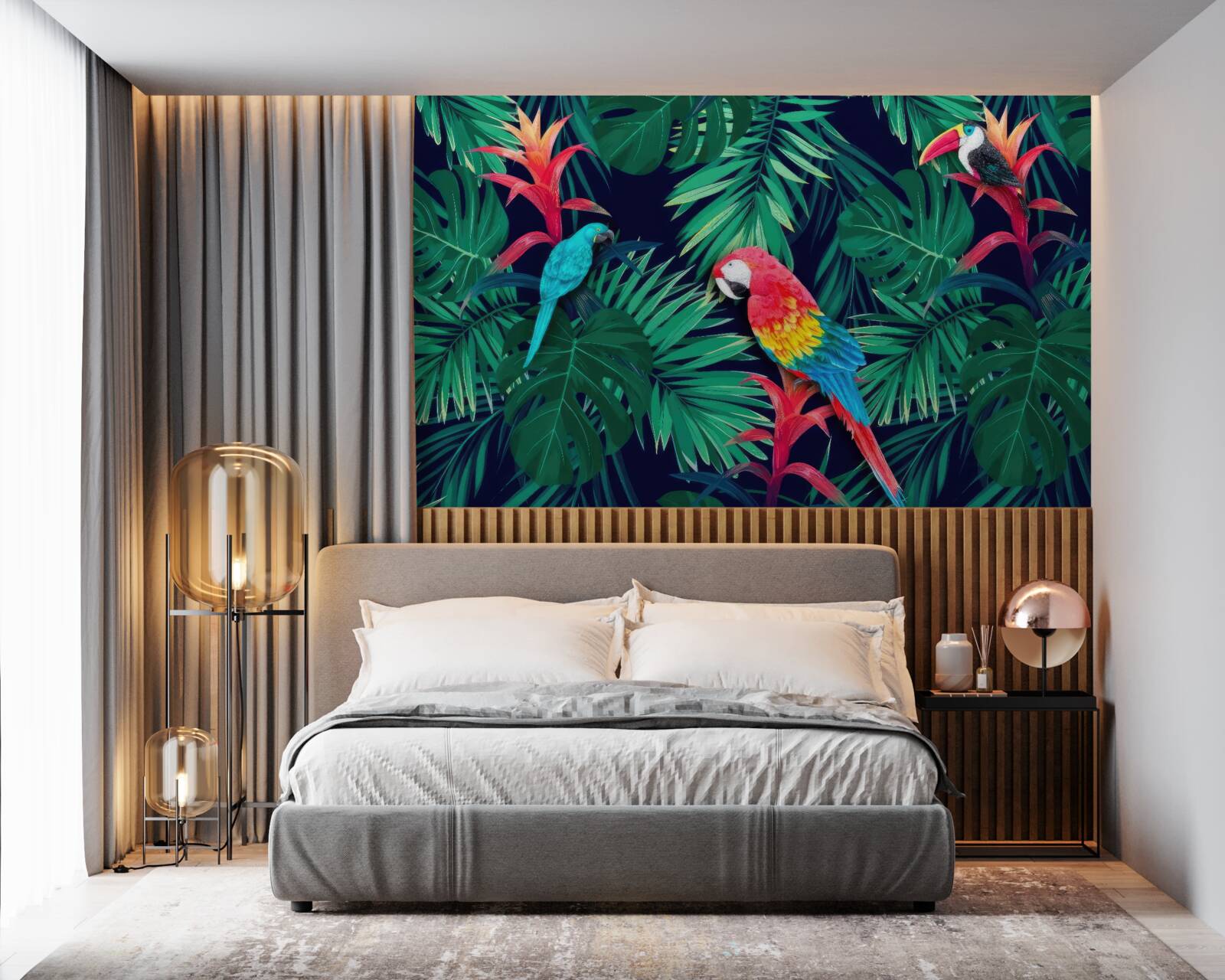 Фотошпалери папуги на великому смарагдовому листі