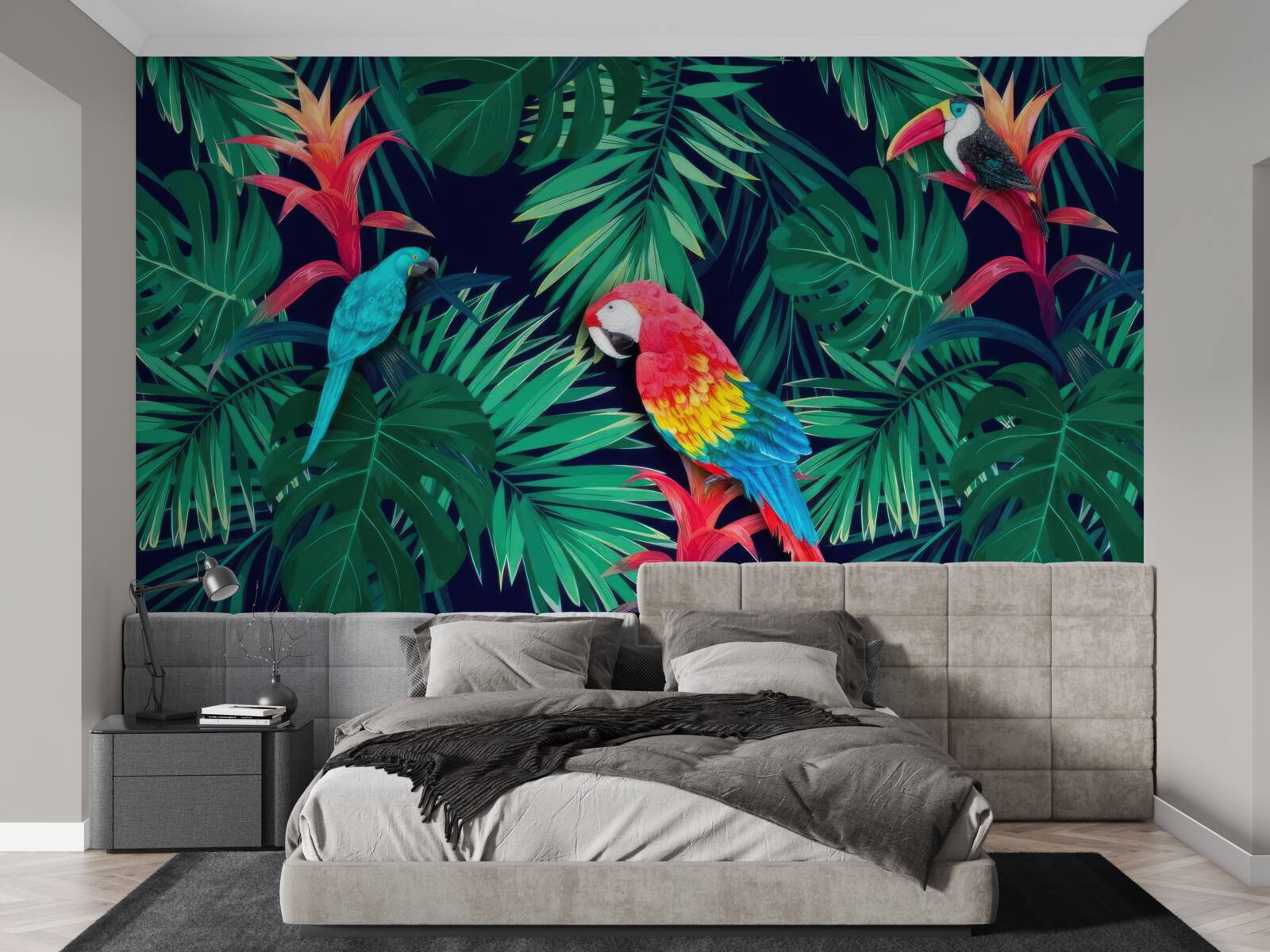 Фотошпалери папуги на великому смарагдовому листі