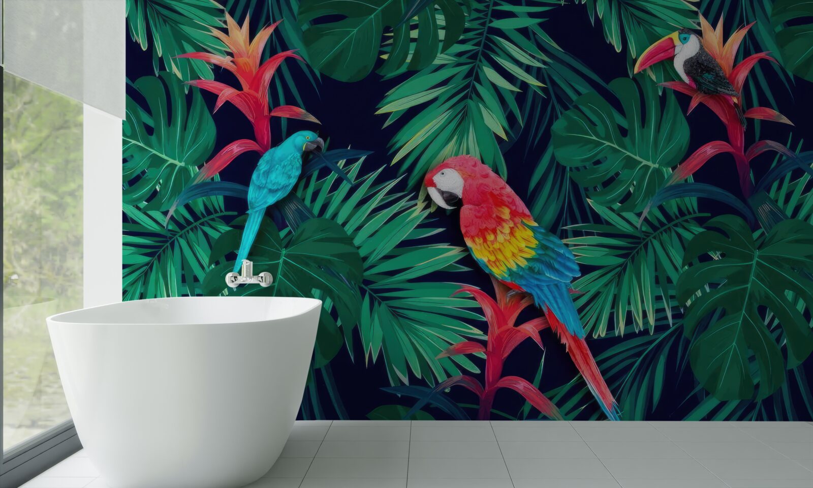 Фотошпалери папуги на великому смарагдовому листі
