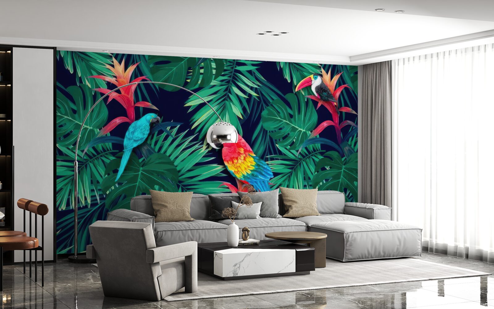 Фотошпалери папуги на великому смарагдовому листі