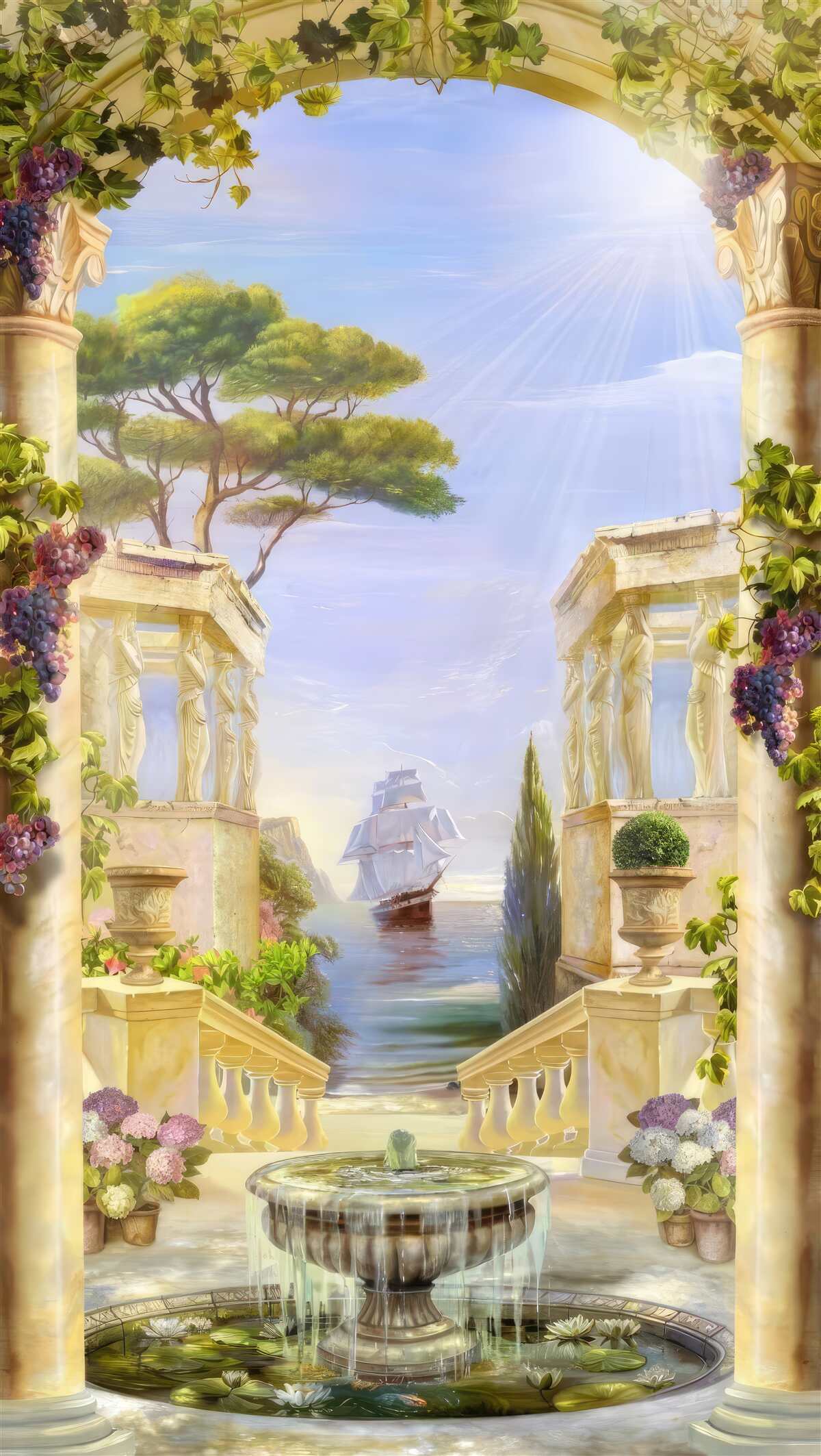 Фотошпалери фонтан і вид на корабель, що пропливає повз