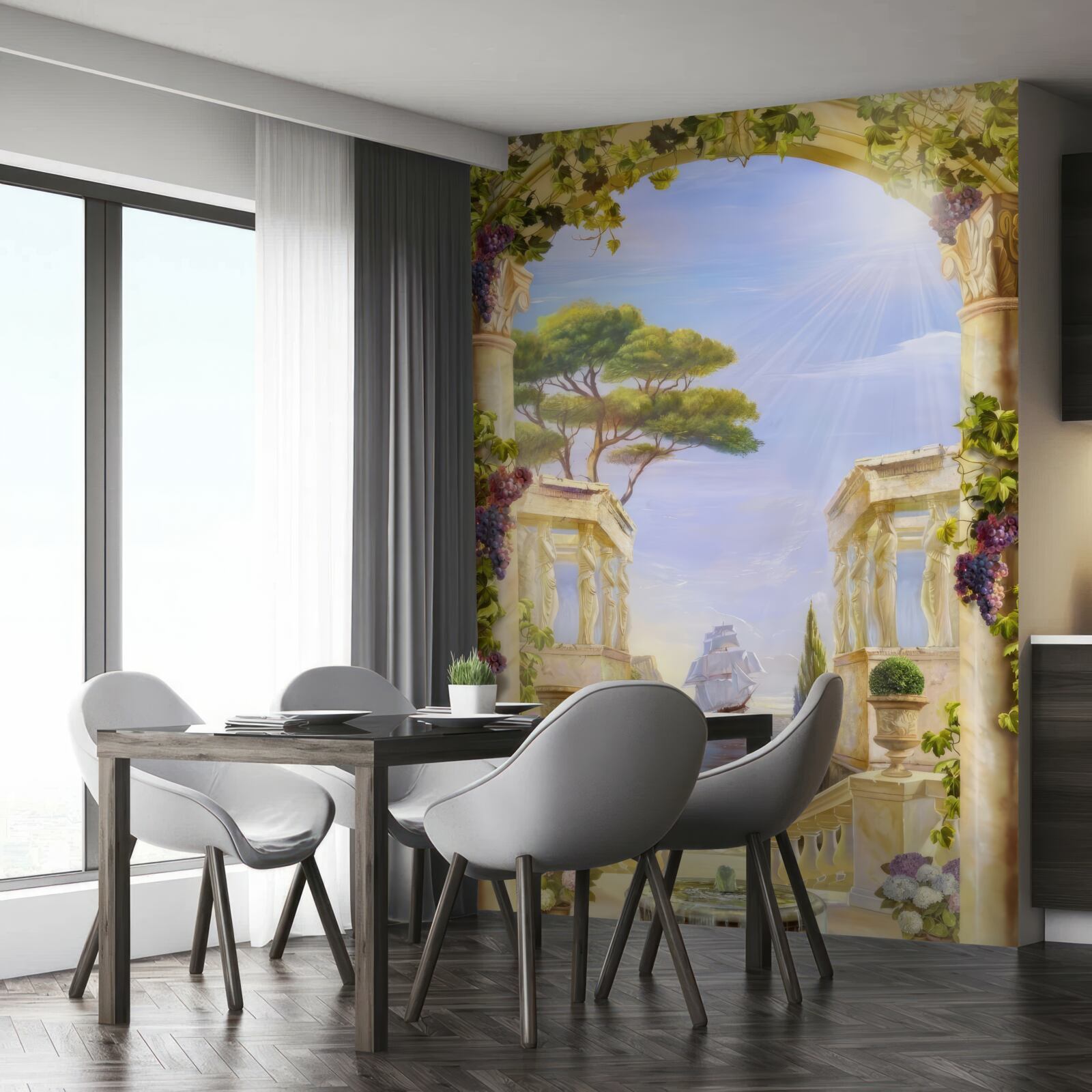 Фотошпалери фонтан і вид на корабель, що пропливає повз