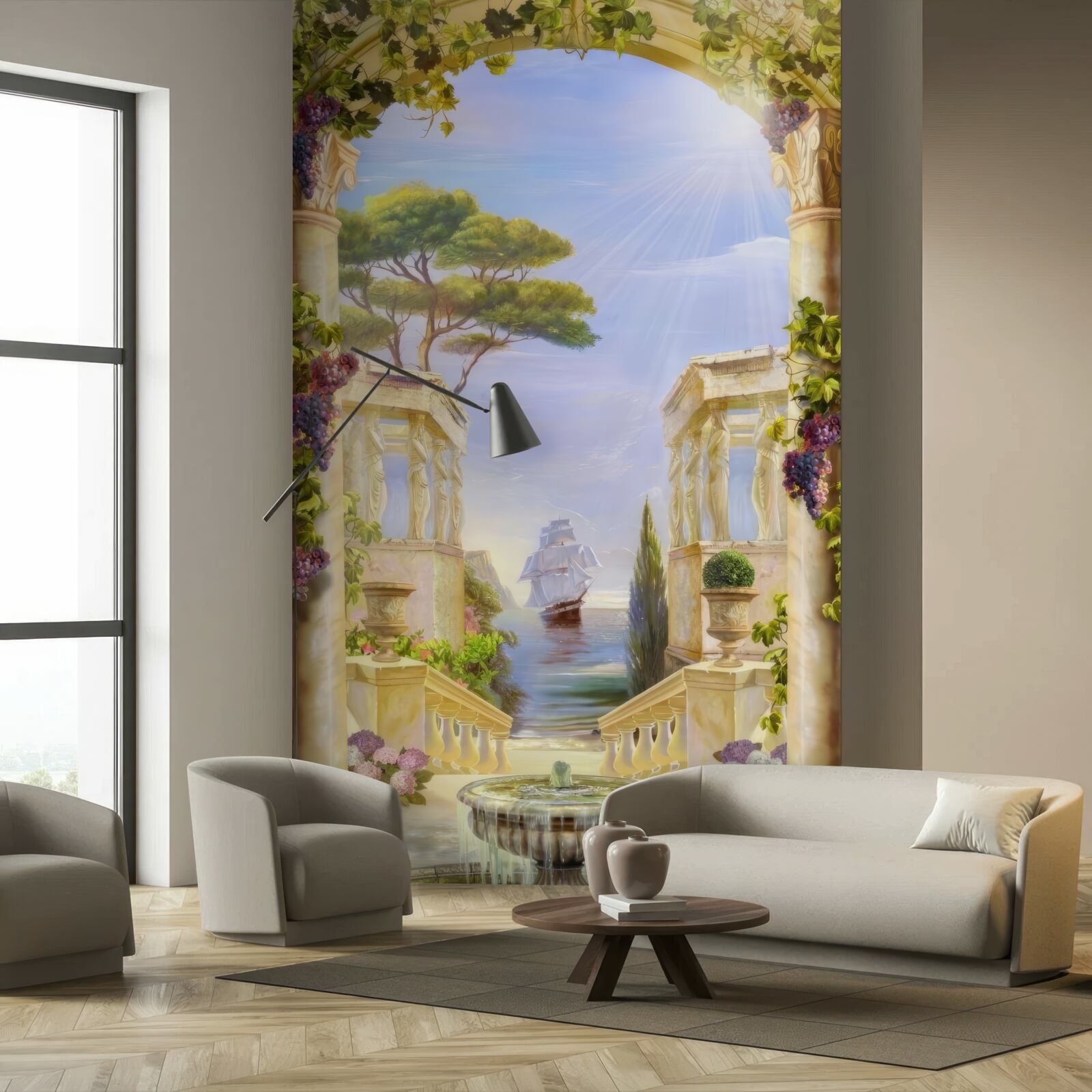 Фотошпалери фонтан і вид на корабель, що пропливає повз