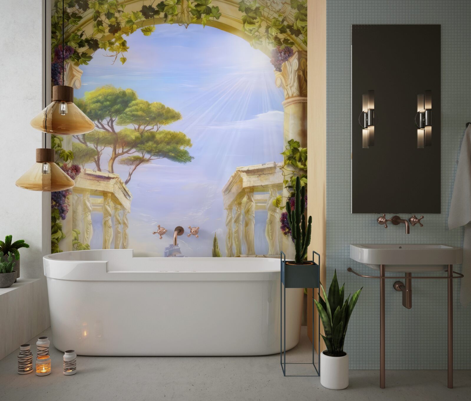 Фотошпалери фонтан і вид на корабель, що пропливає повз