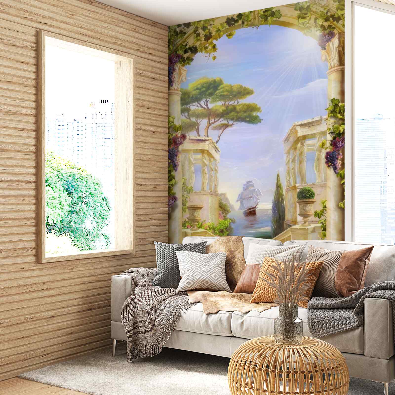 Фотошпалери фонтан і вид на корабель, що пропливає повз