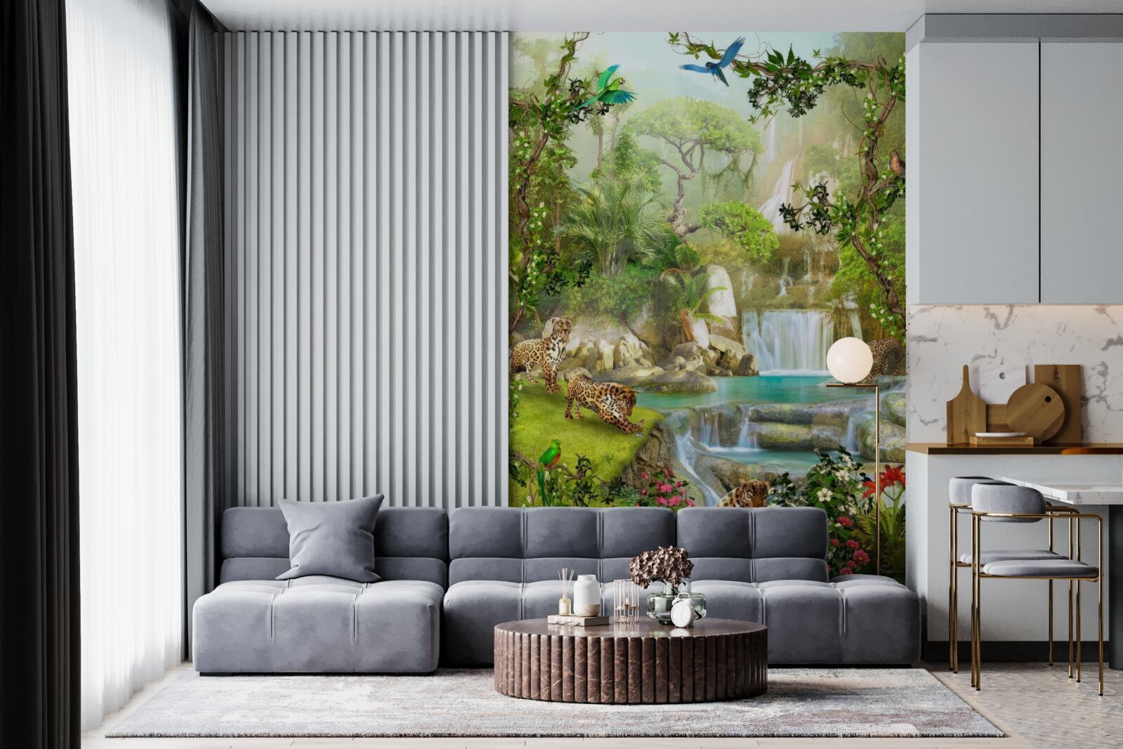 Фотошпалери над водоспадом живуть леопарди