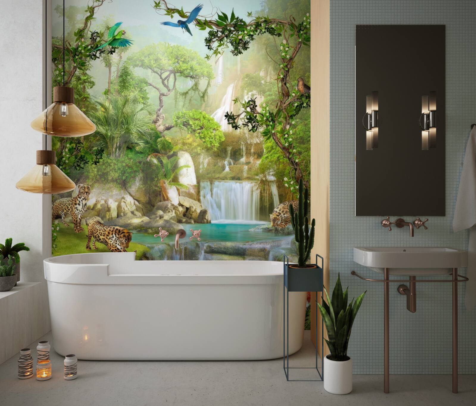 Фотошпалери над водоспадом живуть леопарди