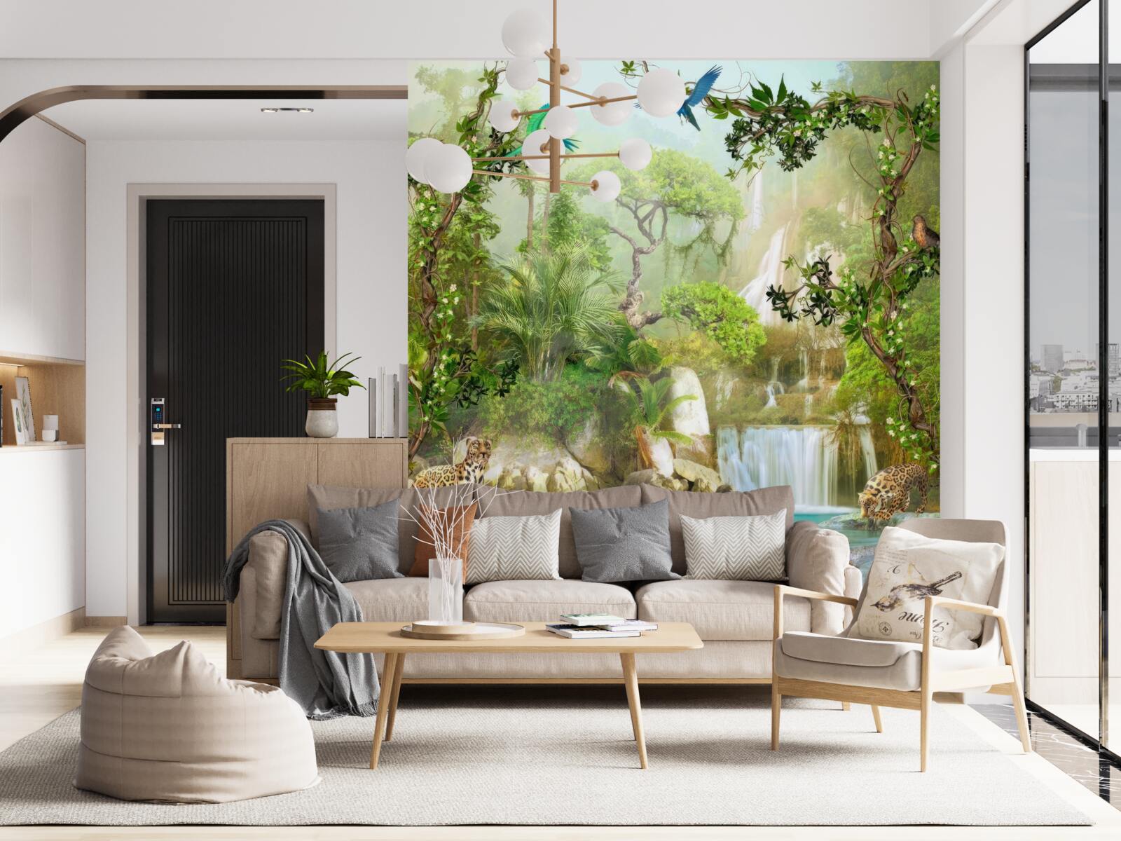 Фотошпалери над водоспадом живуть леопарди