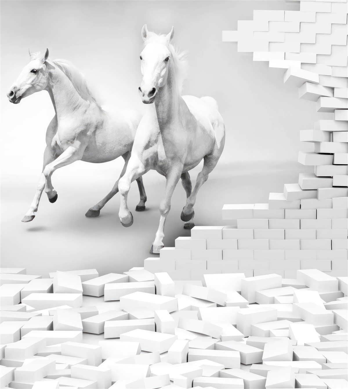 Фотошпалери білі коні та напівзруйнована цегла
