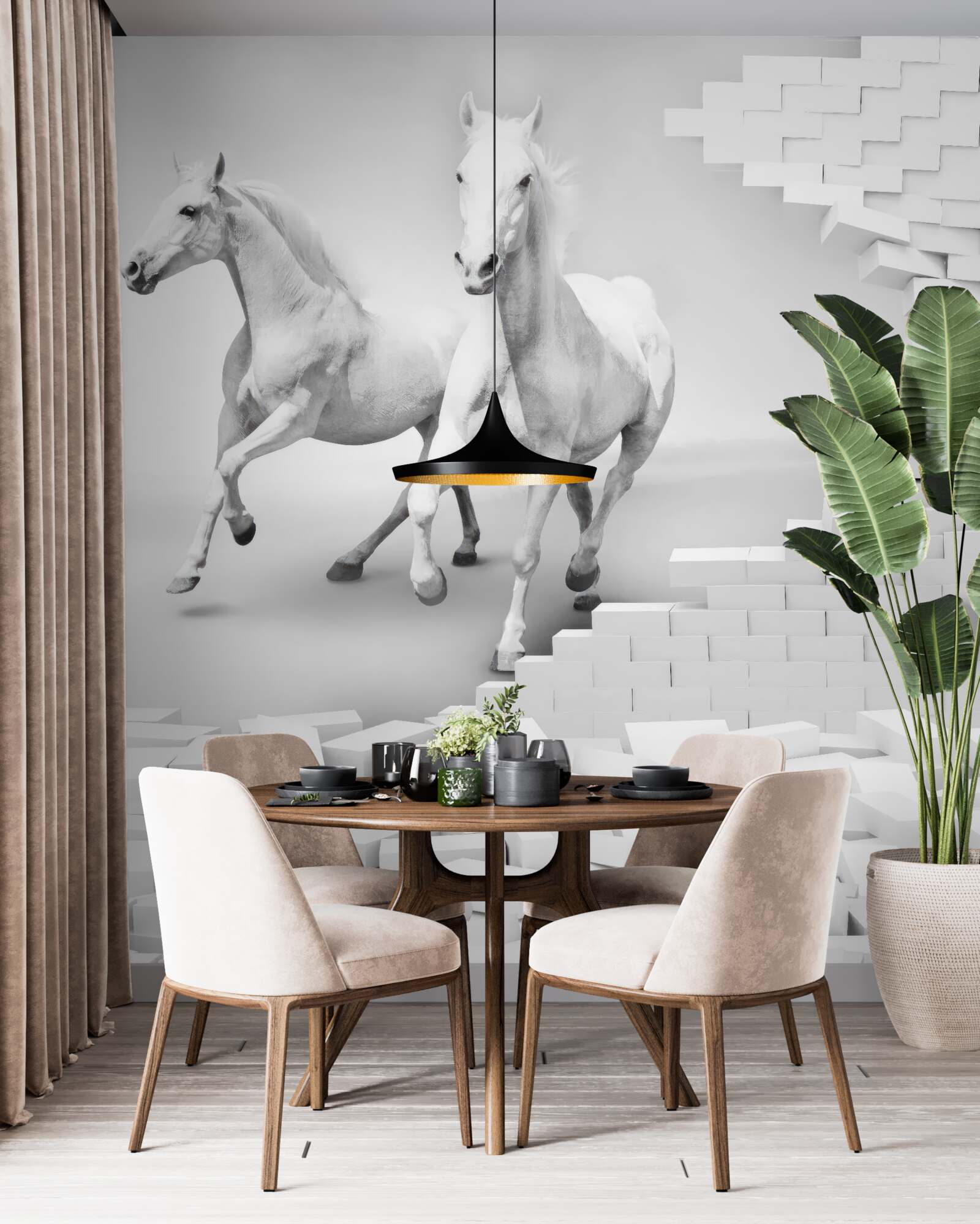 Фотошпалери білі коні та напівзруйнована цегла