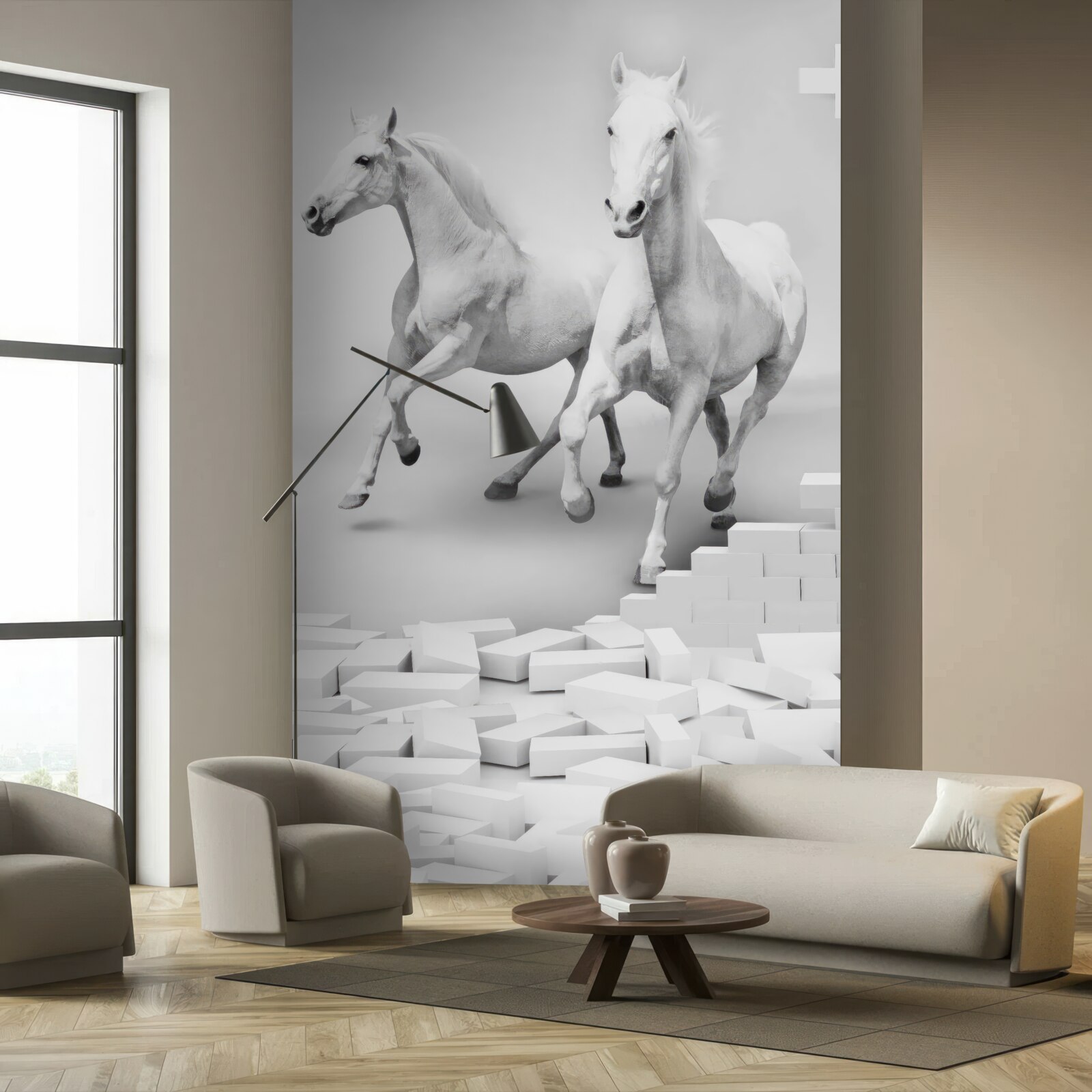 Фотошпалери білі коні та напівзруйнована цегла