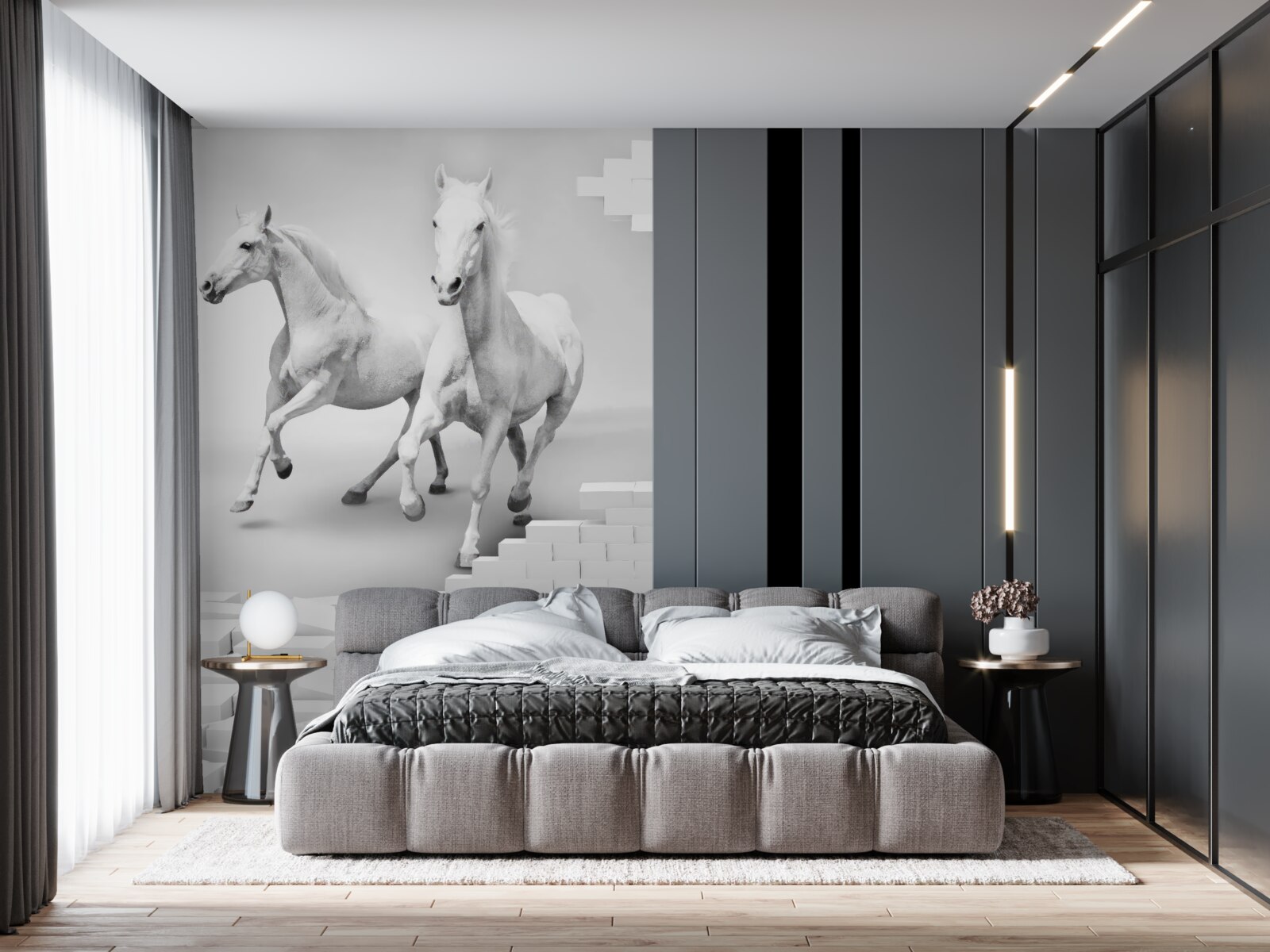 Фотошпалери білі коні та напівзруйнована цегла