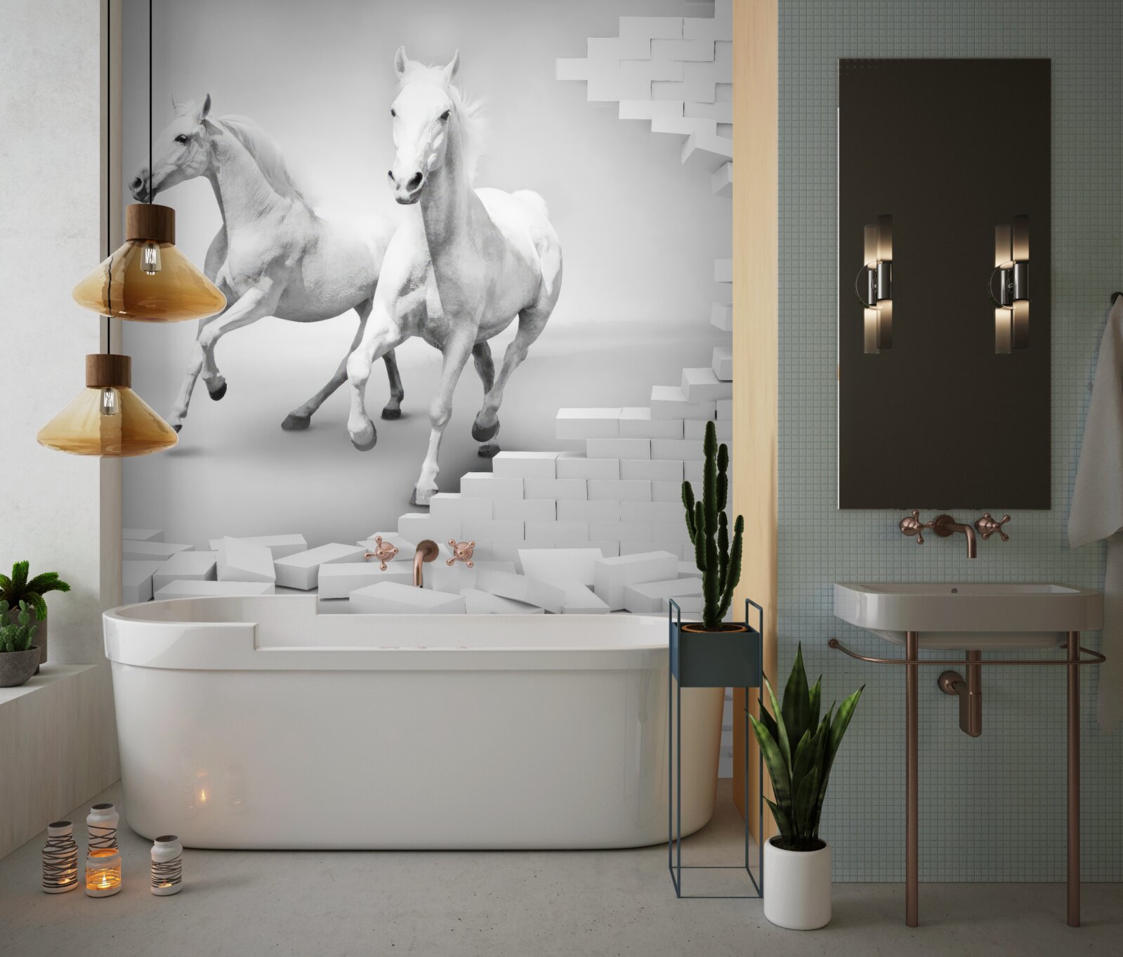 Фотошпалери білі коні та напівзруйнована цегла