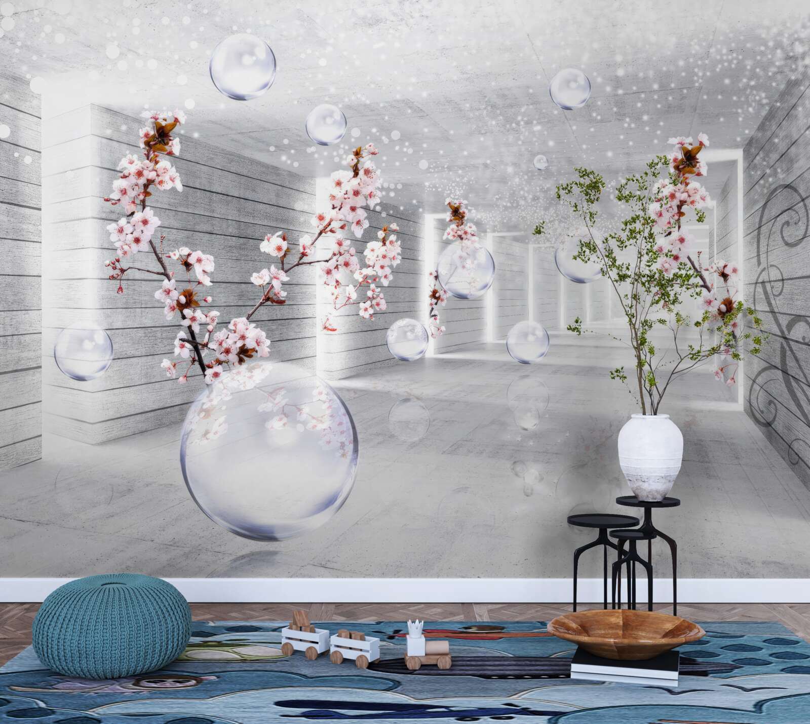 Фотошпалери куля з прозорої тканини та квітів, розміщена в коридорі