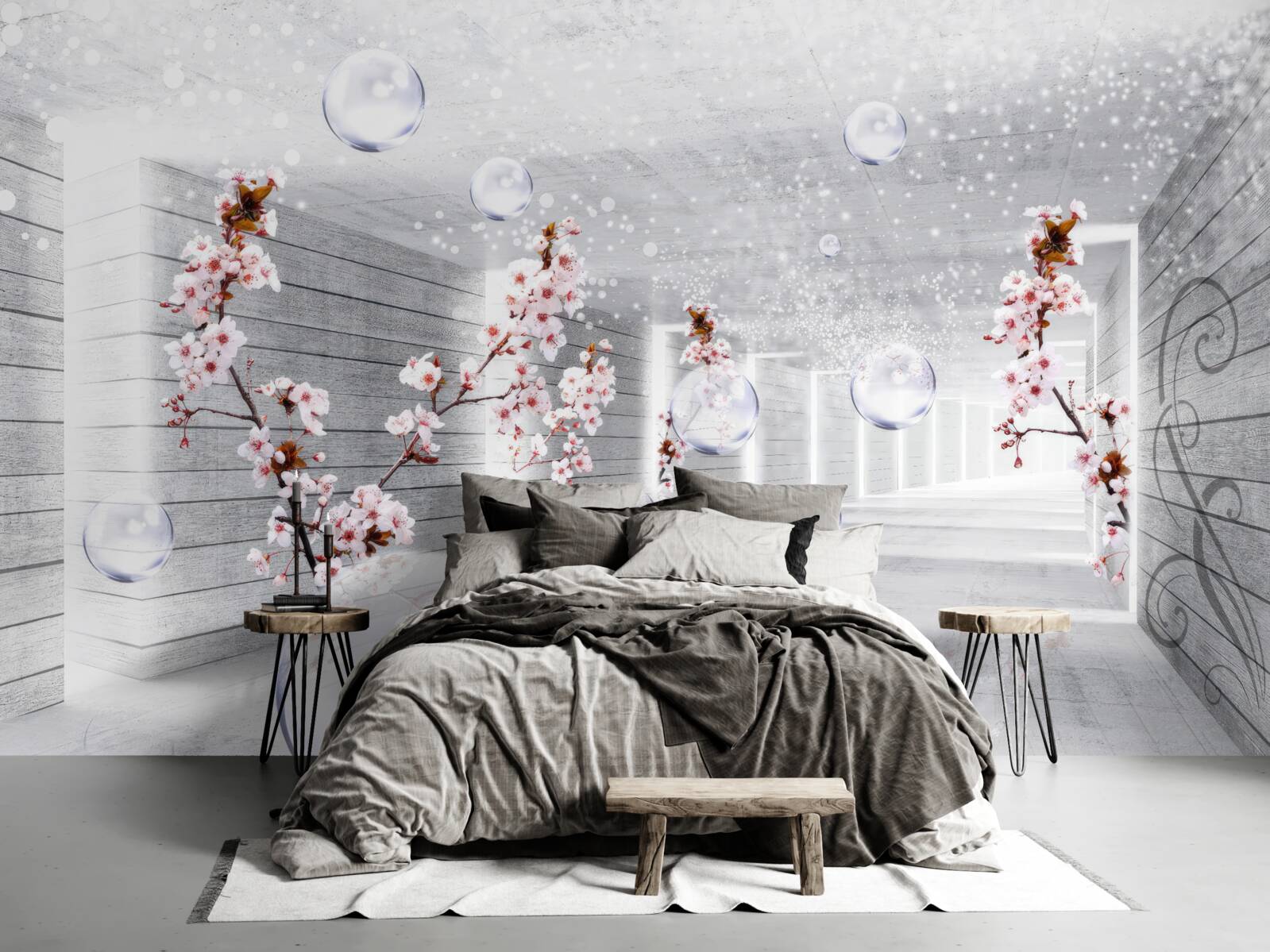 Фотошпалери куля з прозорої тканини та квітів, розміщена в коридорі