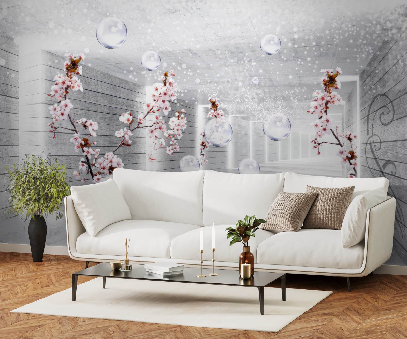 Фотошпалери куля з прозорої тканини та квітів, розміщена в коридорі