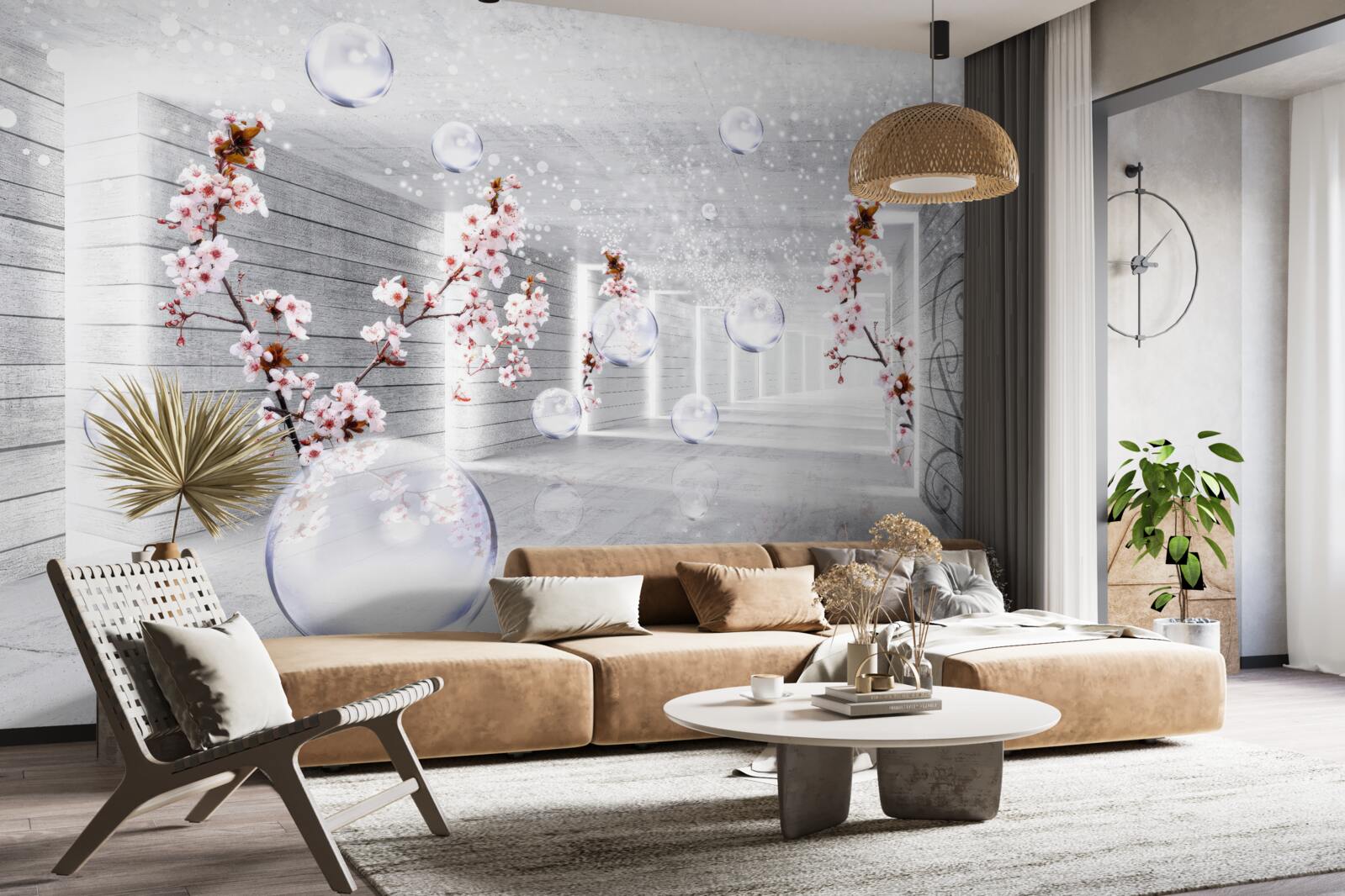 Фотошпалери куля з прозорої тканини та квітів, розміщена в коридорі