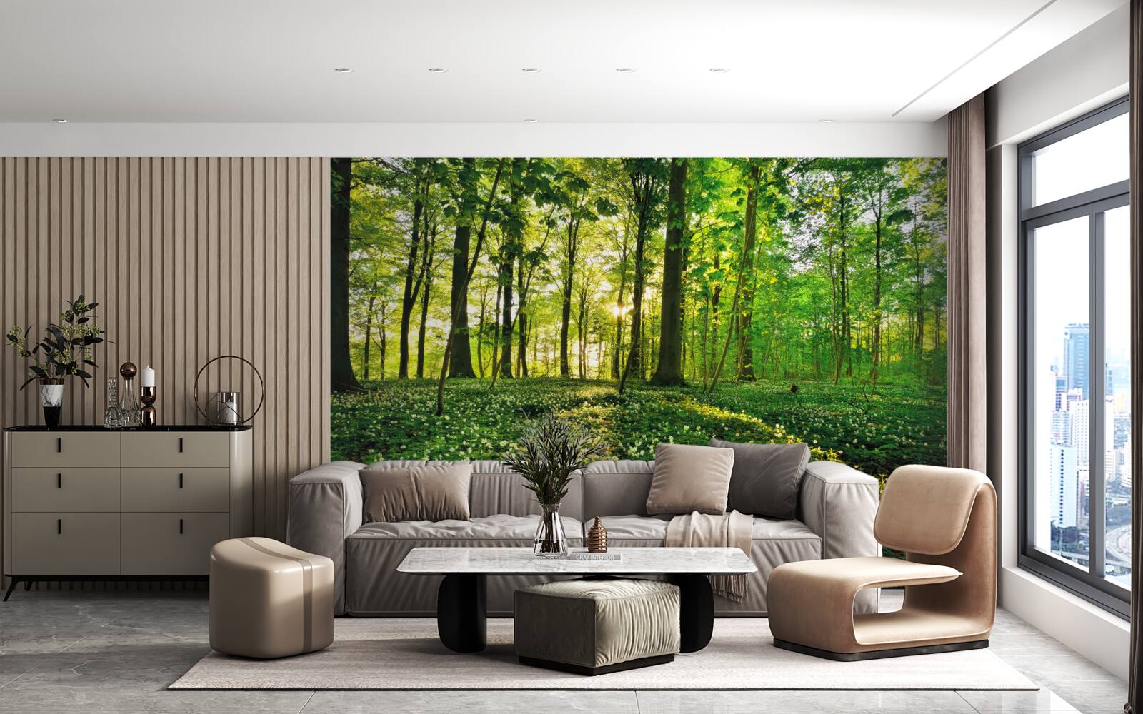 Фотошпалери галявина в лісі, вкрита квітами