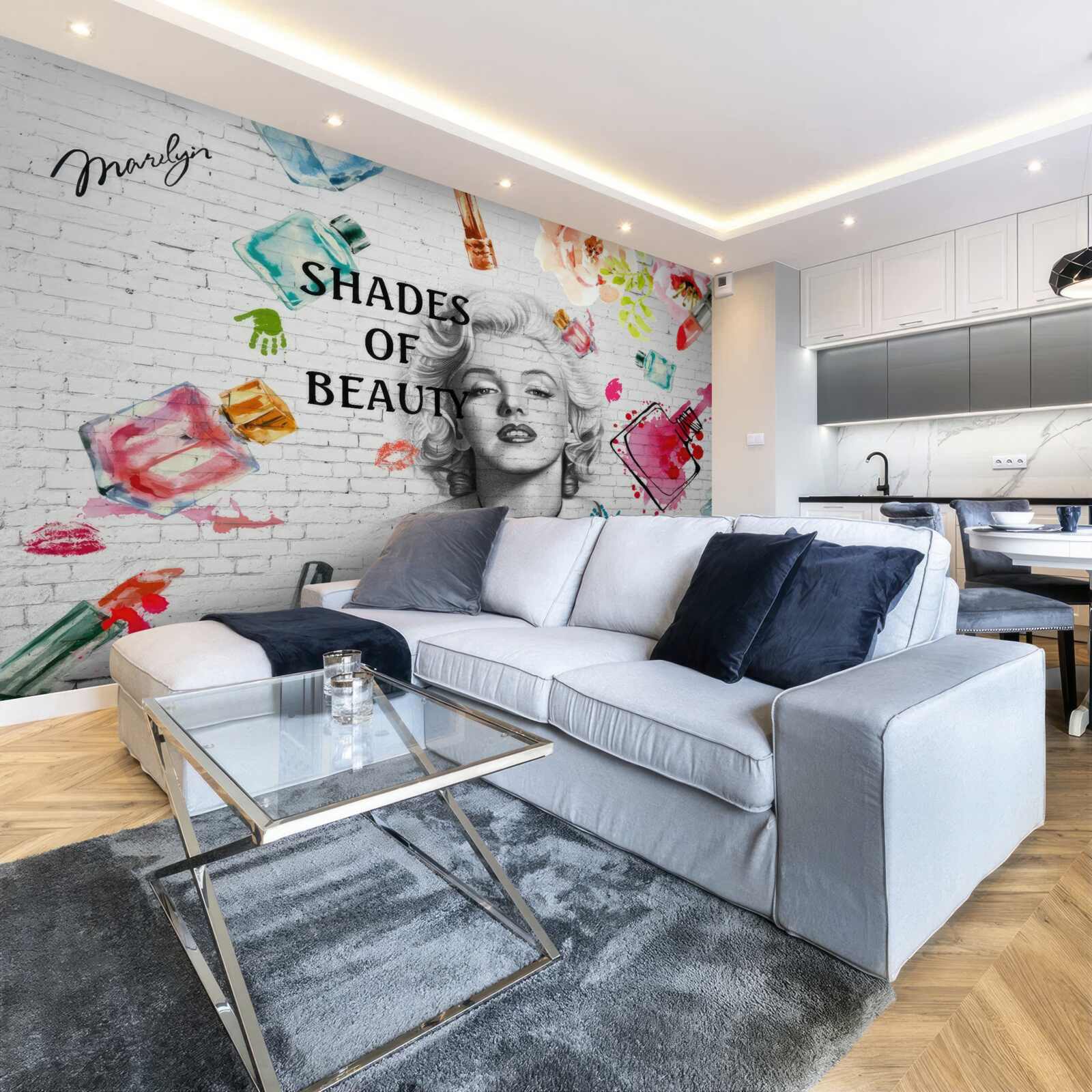 Фотошпалери Монро на тлі білої цегляної стіни