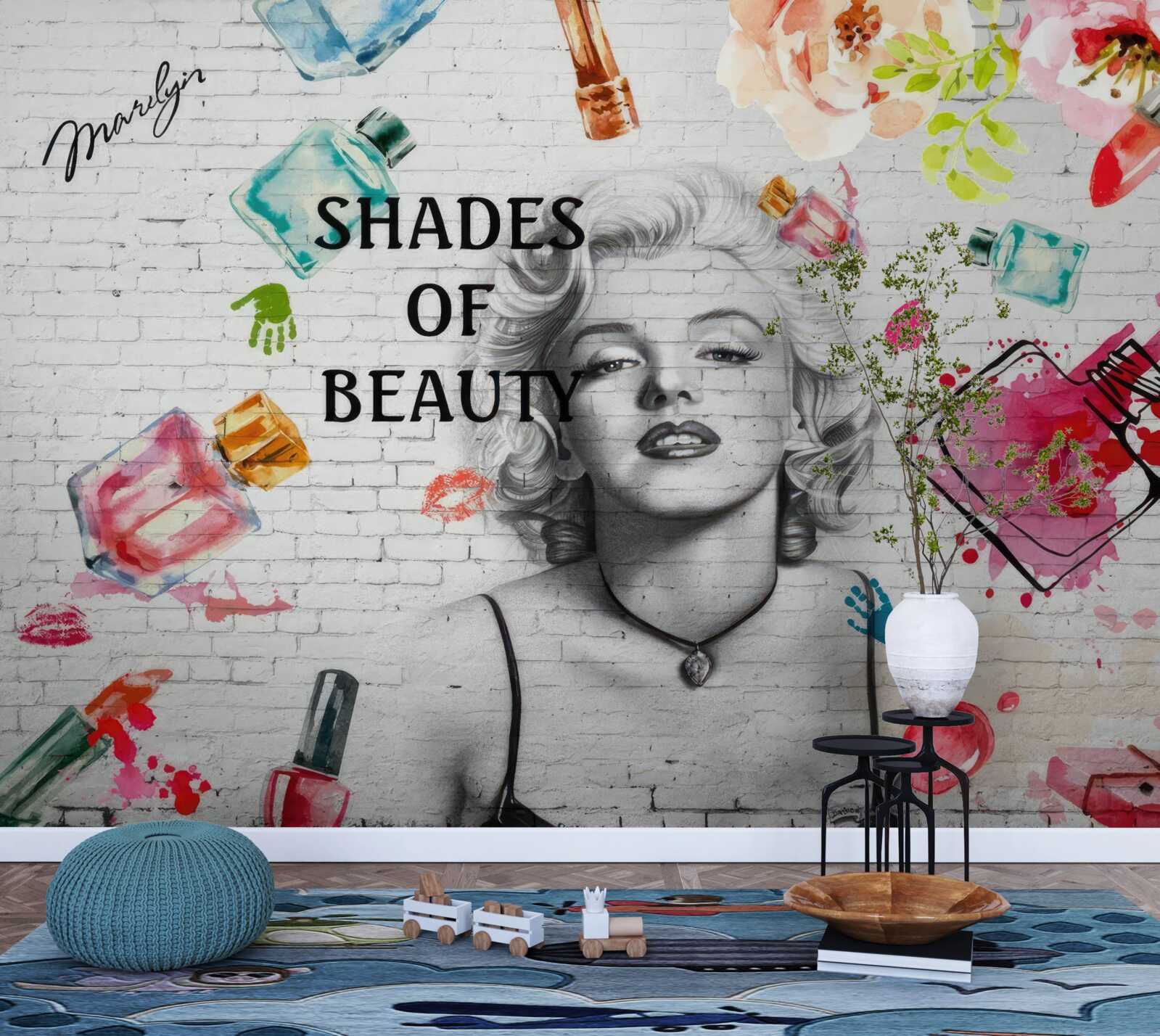 Фотошпалери Монро на тлі білої цегляної стіни