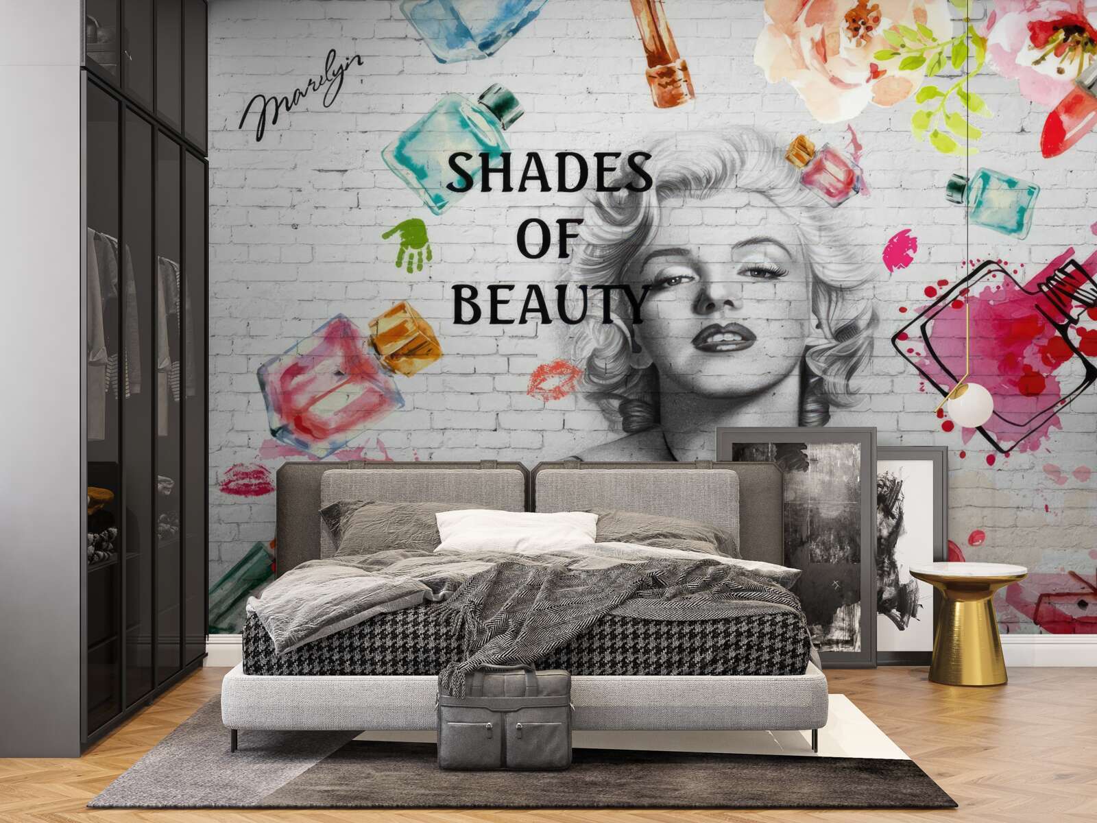Фотошпалери Монро на тлі білої цегляної стіни