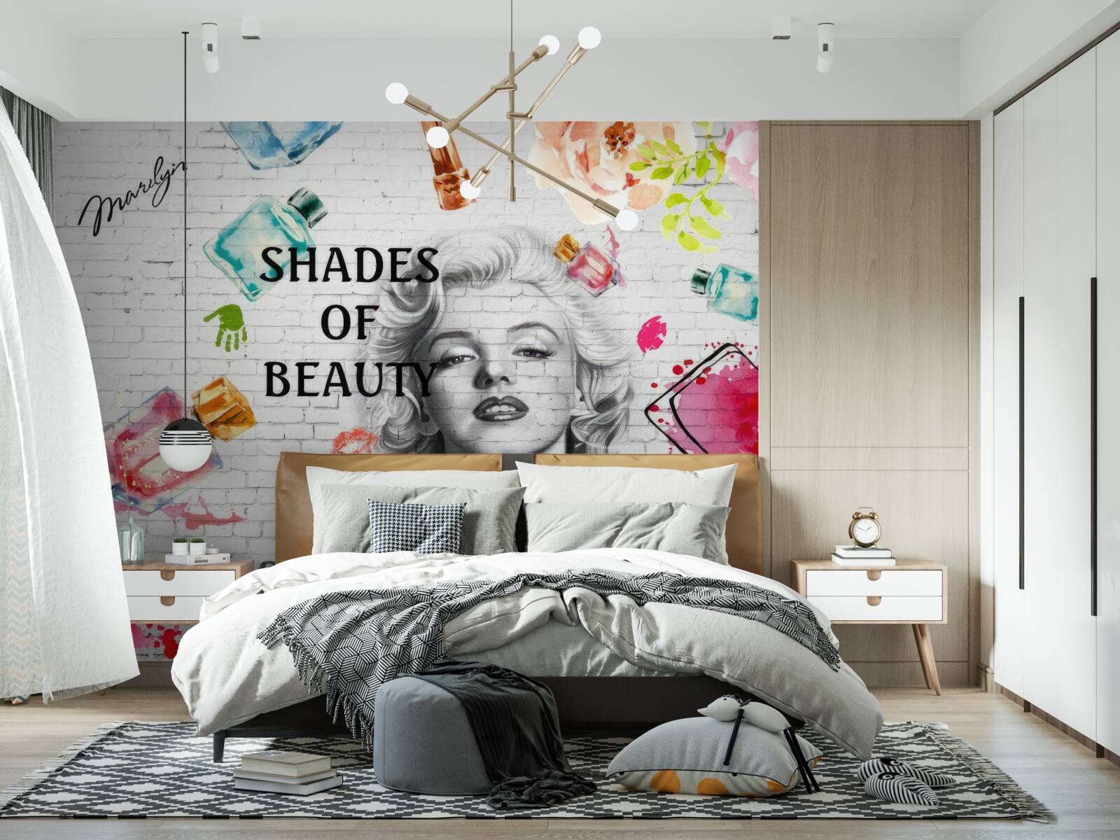 Фотошпалери Монро на тлі білої цегляної стіни