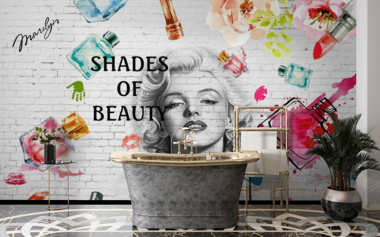 Фотошпалери Монро на тлі білої цегляної стіни