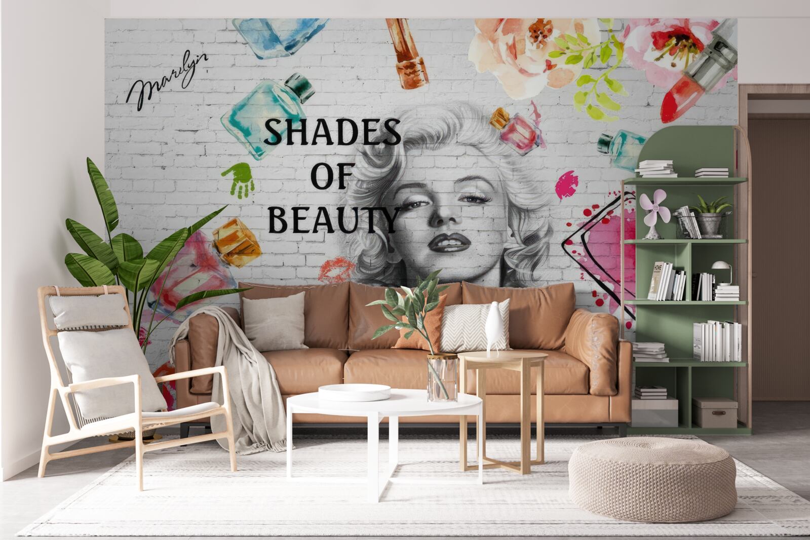 Фотошпалери Монро на тлі білої цегляної стіни