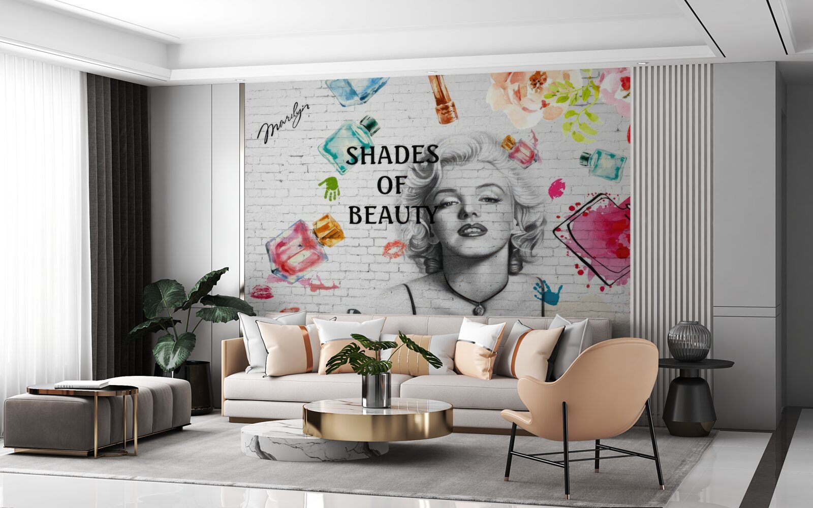 Фотошпалери Монро на тлі білої цегляної стіни