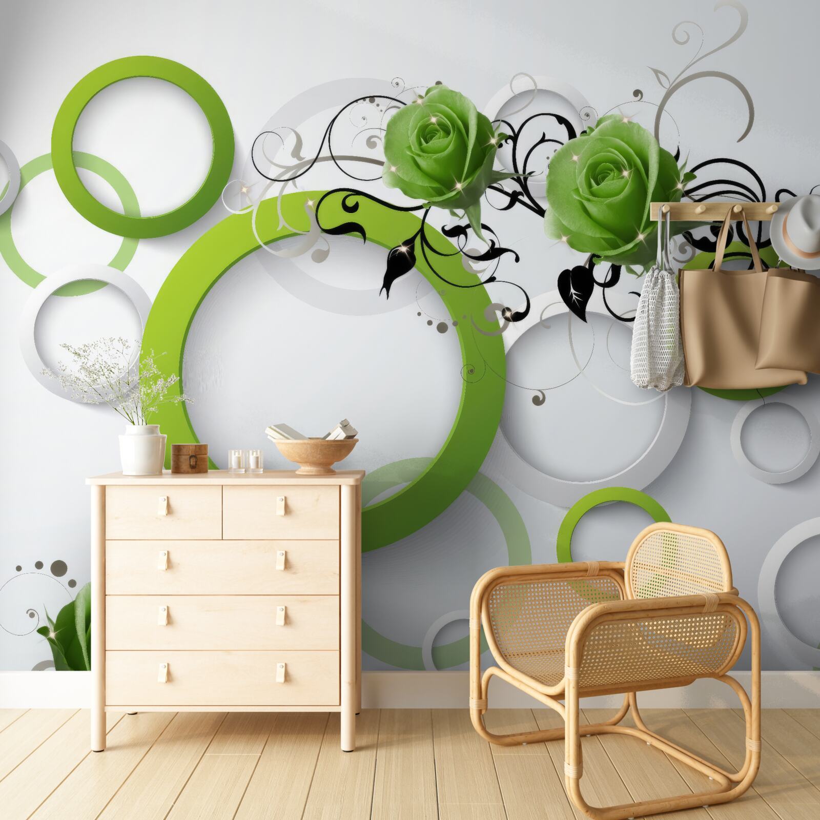 Фотошпалери зелені кола та троянди